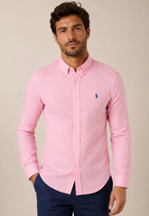 Camisa RL Linho Custom Fit Ml Rosa Small Poney Azul