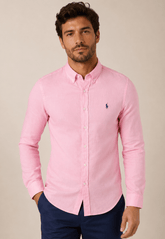 Camisa RL Linho Custom Fit Ml Rosa Small Poney Azul - Henri Store