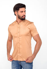 Camisa Zip Off mc Slim Fit Gola Padre Ocre 35559 - Henri Store