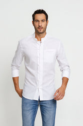 Camisa Zip Off Ml Slim Gola Padre Linho Branco 00441 - Henri Store