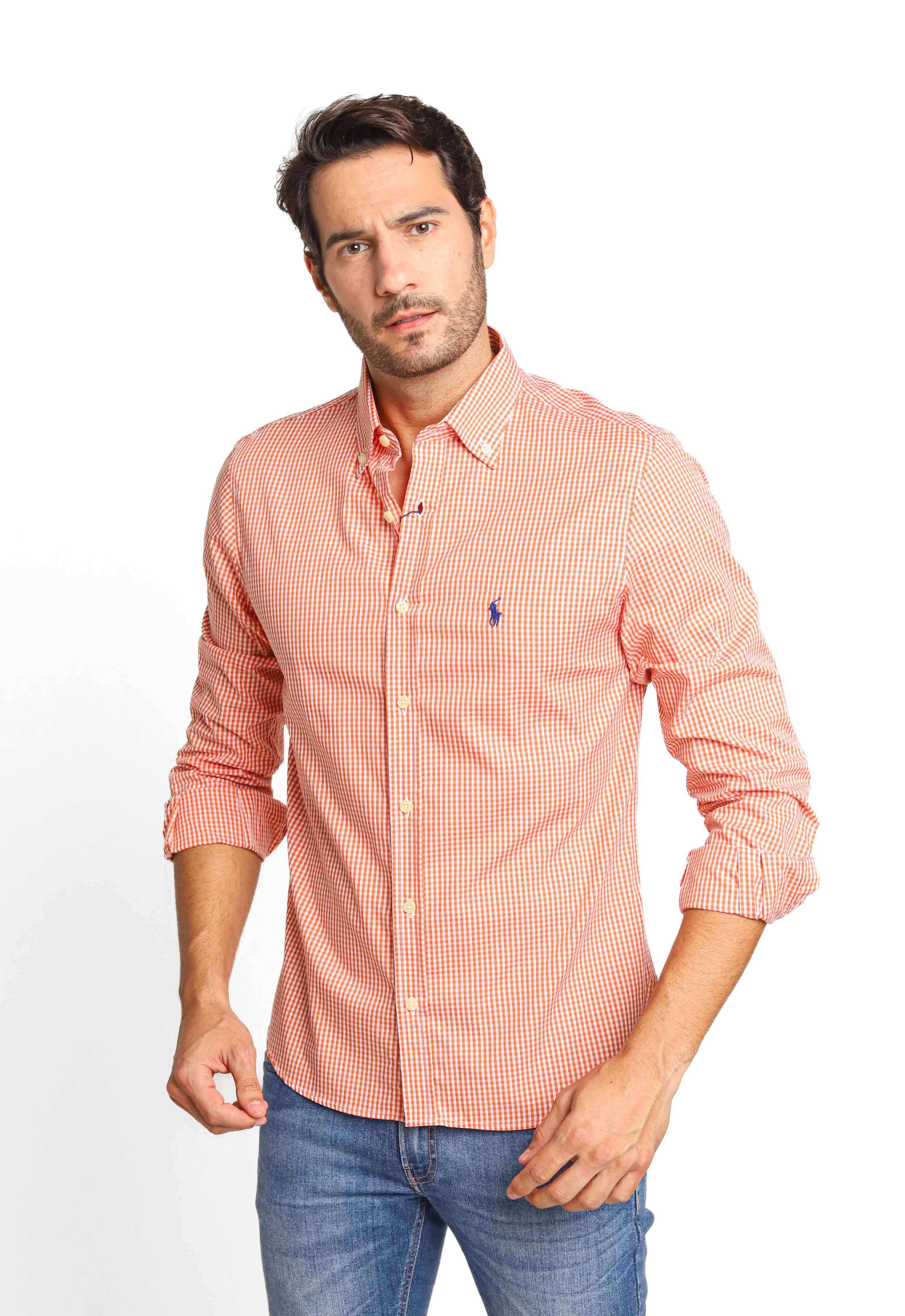 Camisa Ralph Lauren Xadrez Laranja Ml Poney Azul | Henri Store