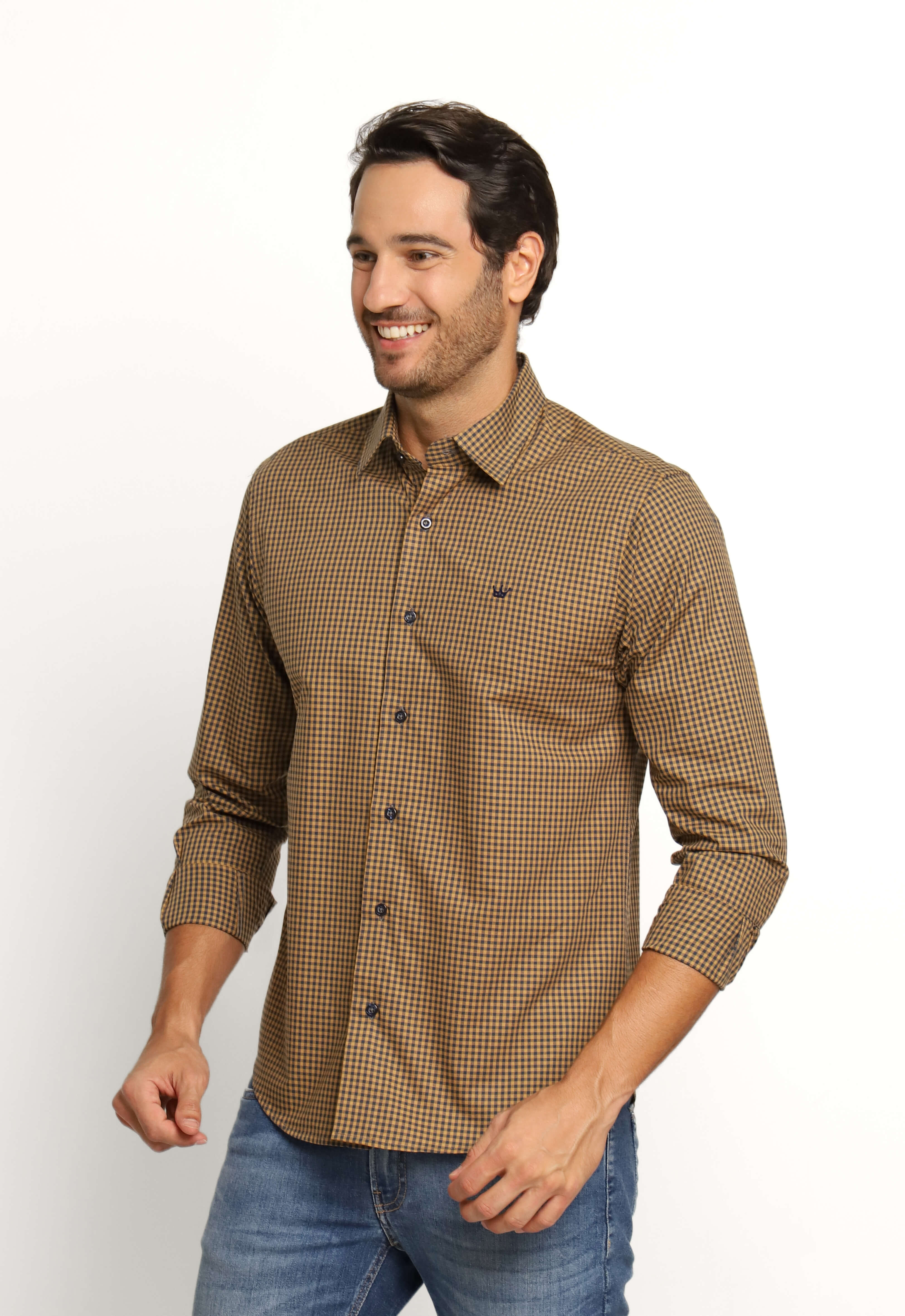 Camisa Dom Henrico Ml Alfaiataria Xadrez Marrom