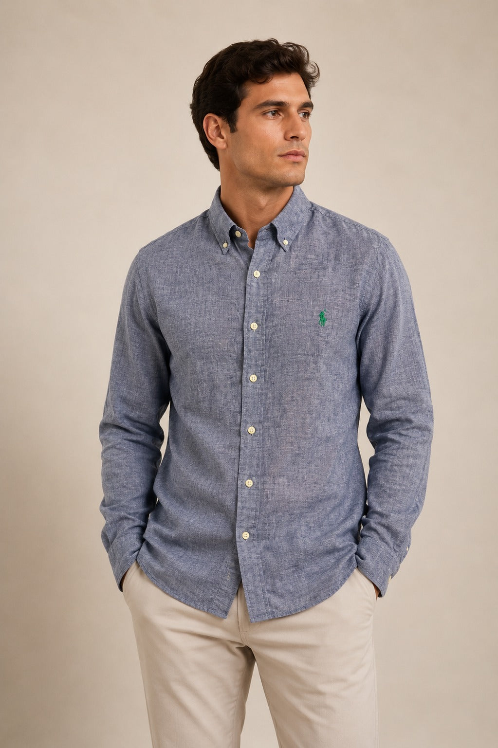 Camisa RL Manga Longa Custom Fit Azul / Small Poney Verde