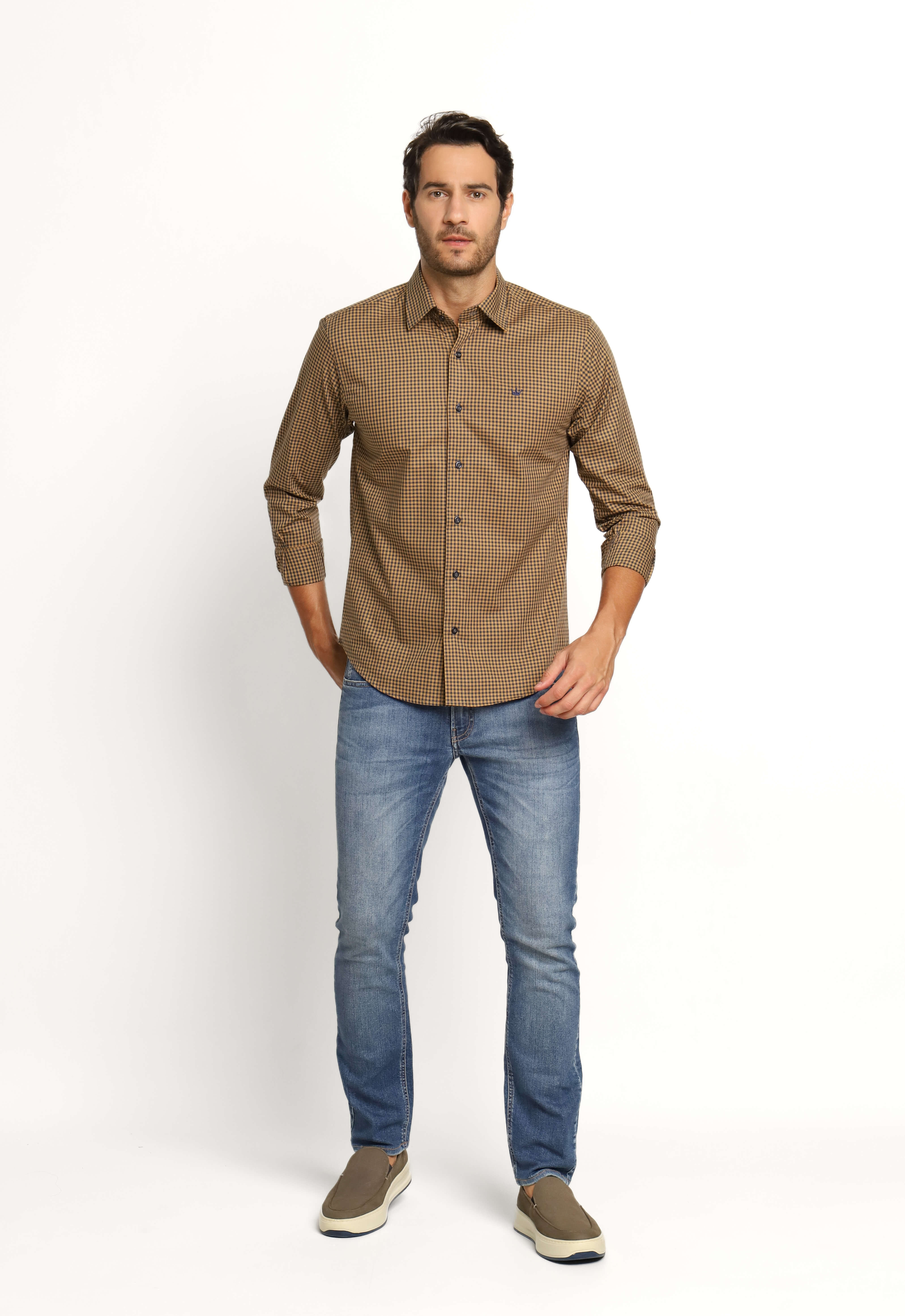 Camisa Dom Henrico Ml Alfaiataria Xadrez Marrom