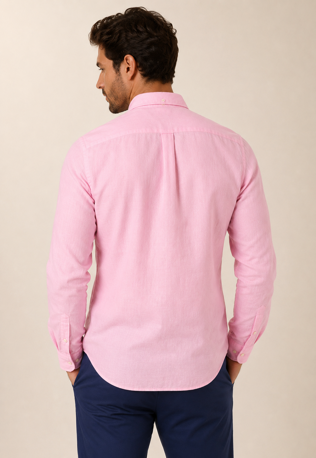 Camisa RL Linho Custom Fit Ml Rosa Small Poney Azul