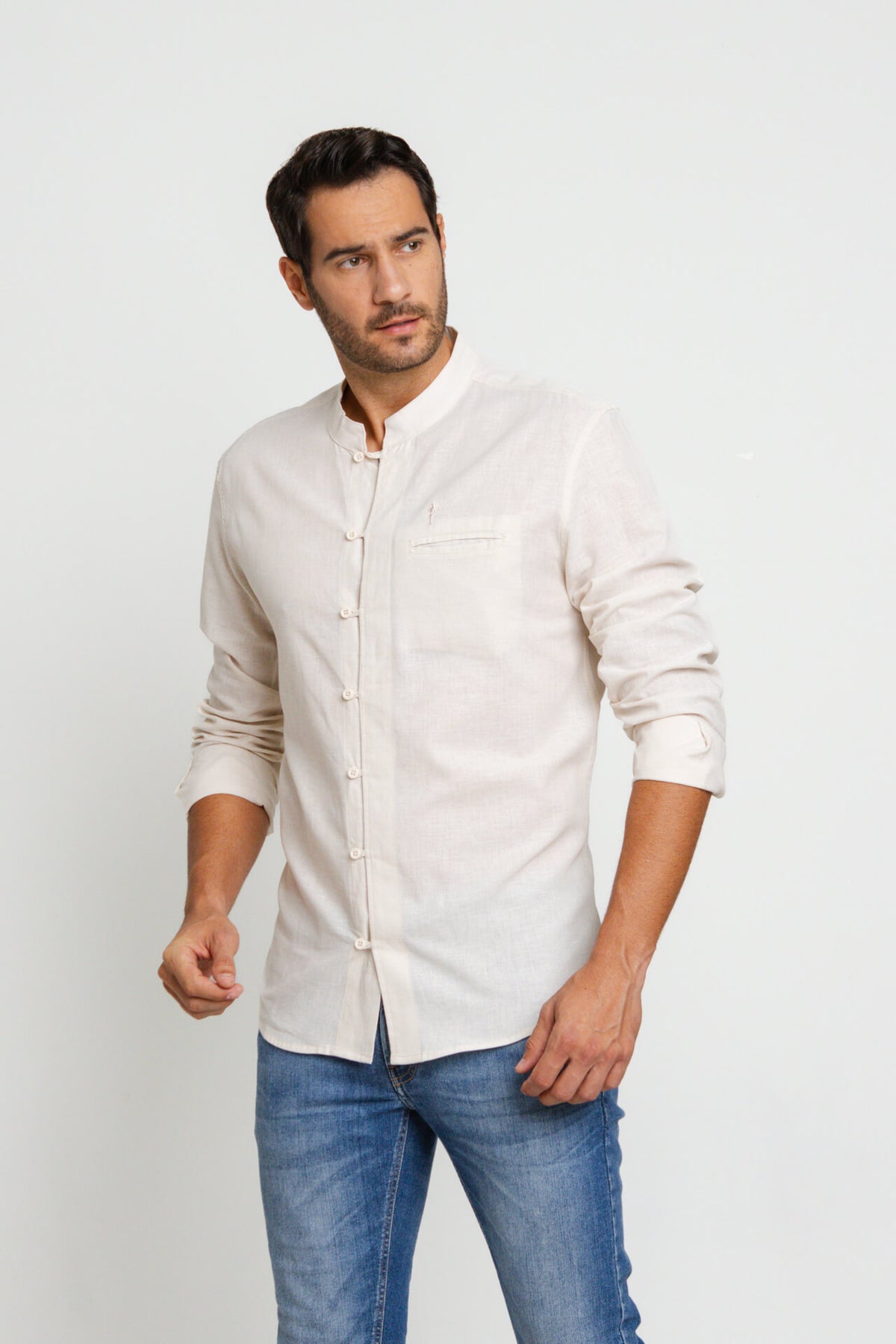 Camisa Zip Off Ml Slim Gola Padre Linho Areia 00441