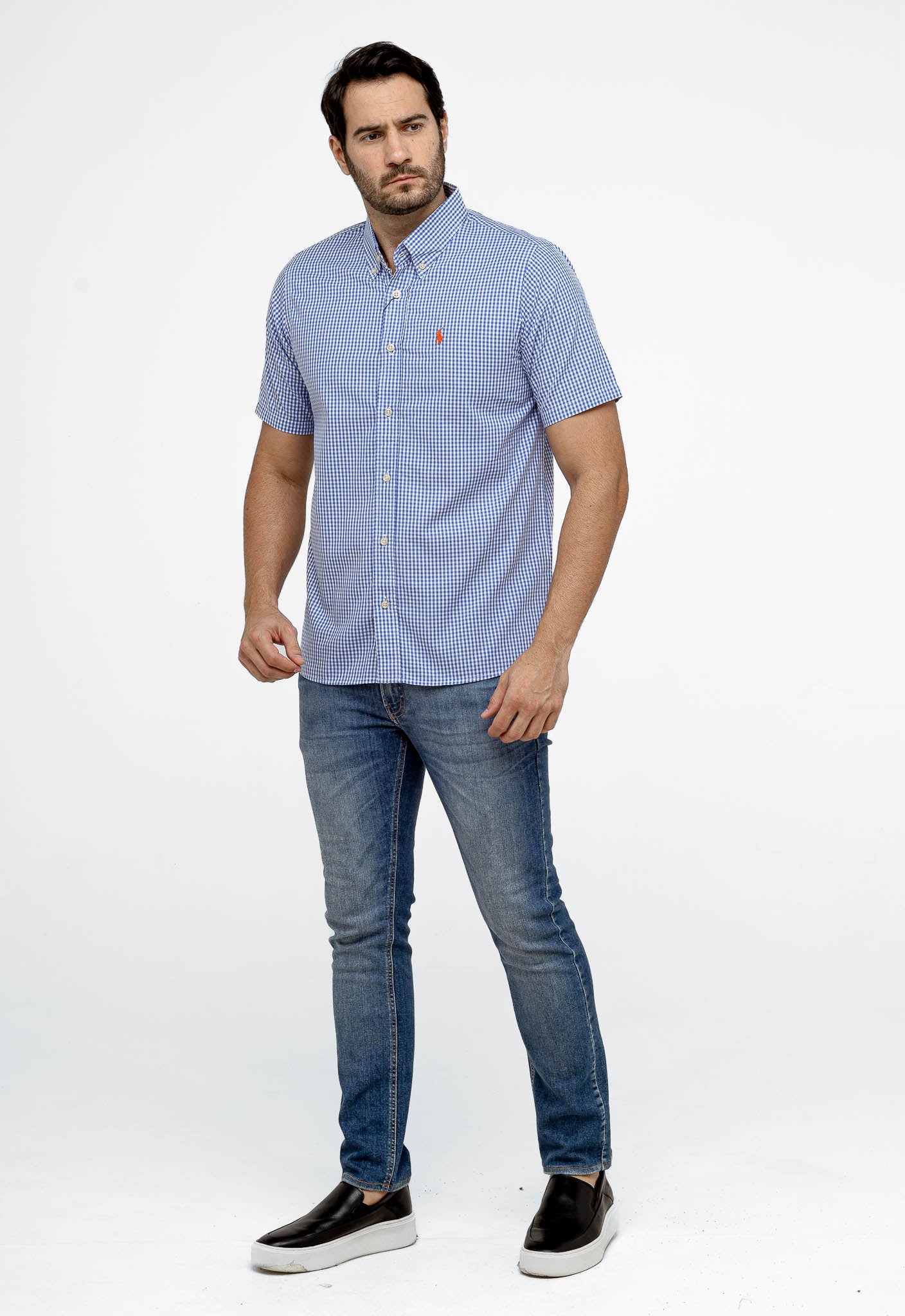 Camisa RL Xadrez Custom Fit MC Azul / Small Poney Laranja