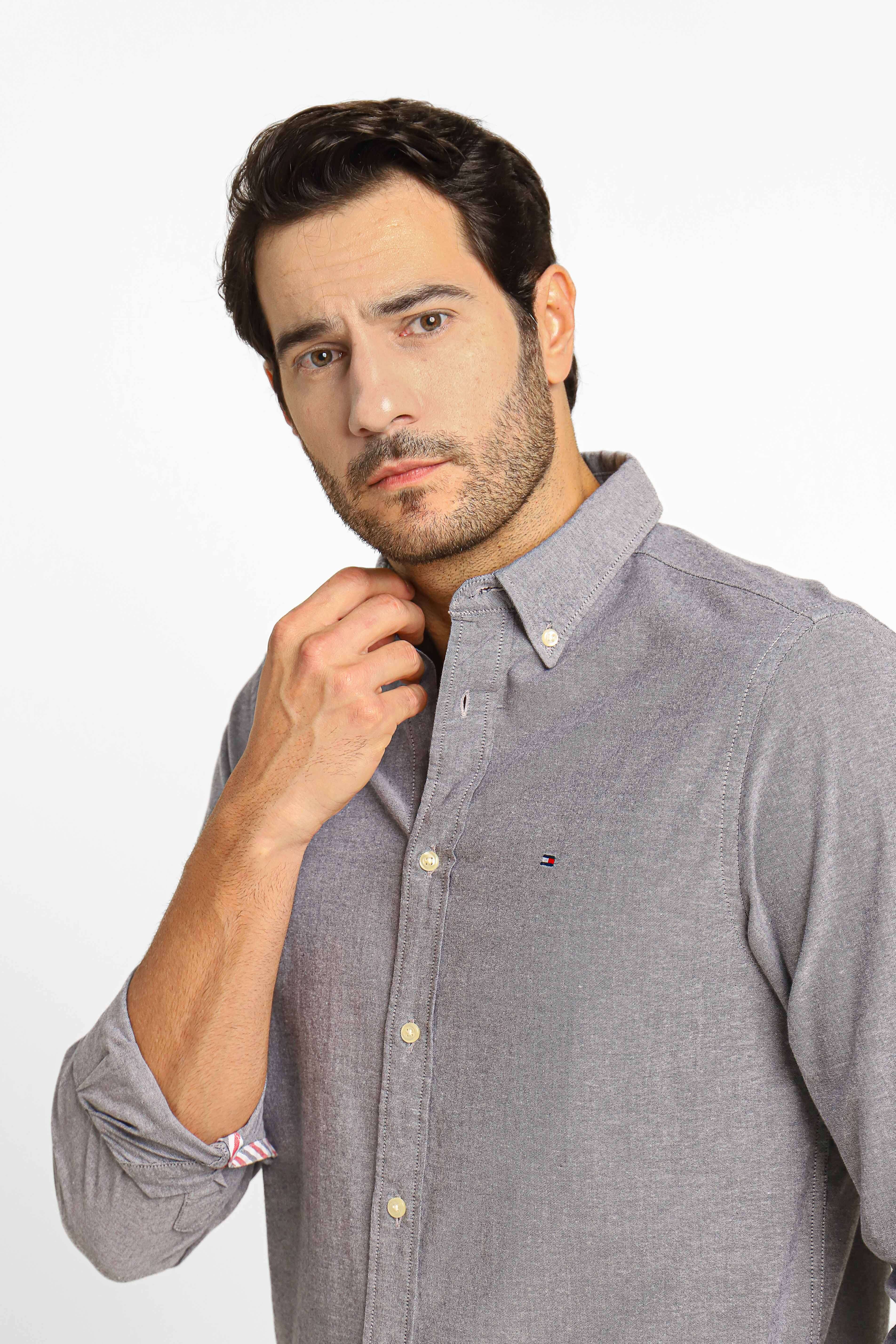 Camisa Tommy Hilfiger ml Regular Fit Oxford Cinza Mescla