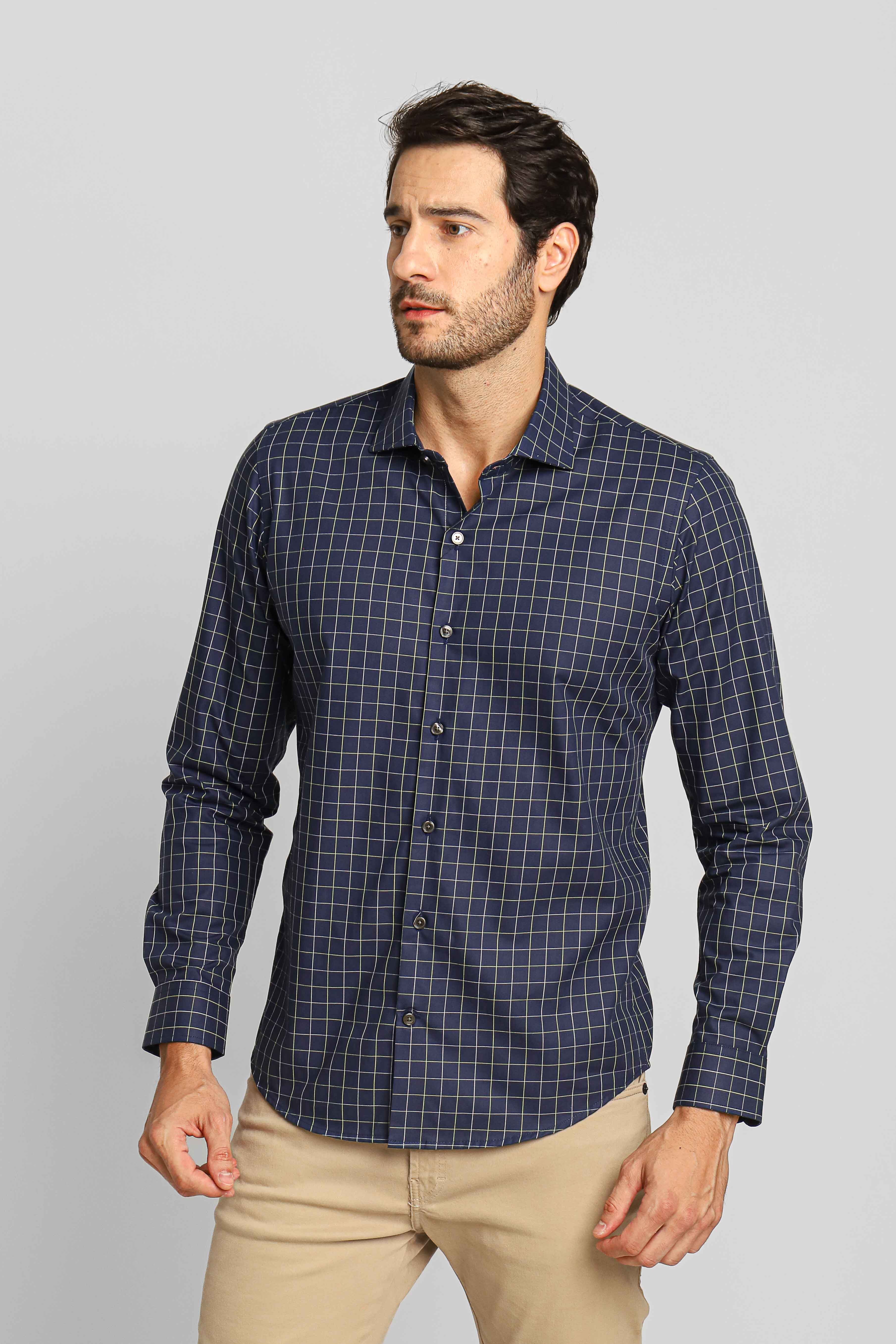 Camisa Dom Henrico ml Milano Slim Fit Xadrez Marinho