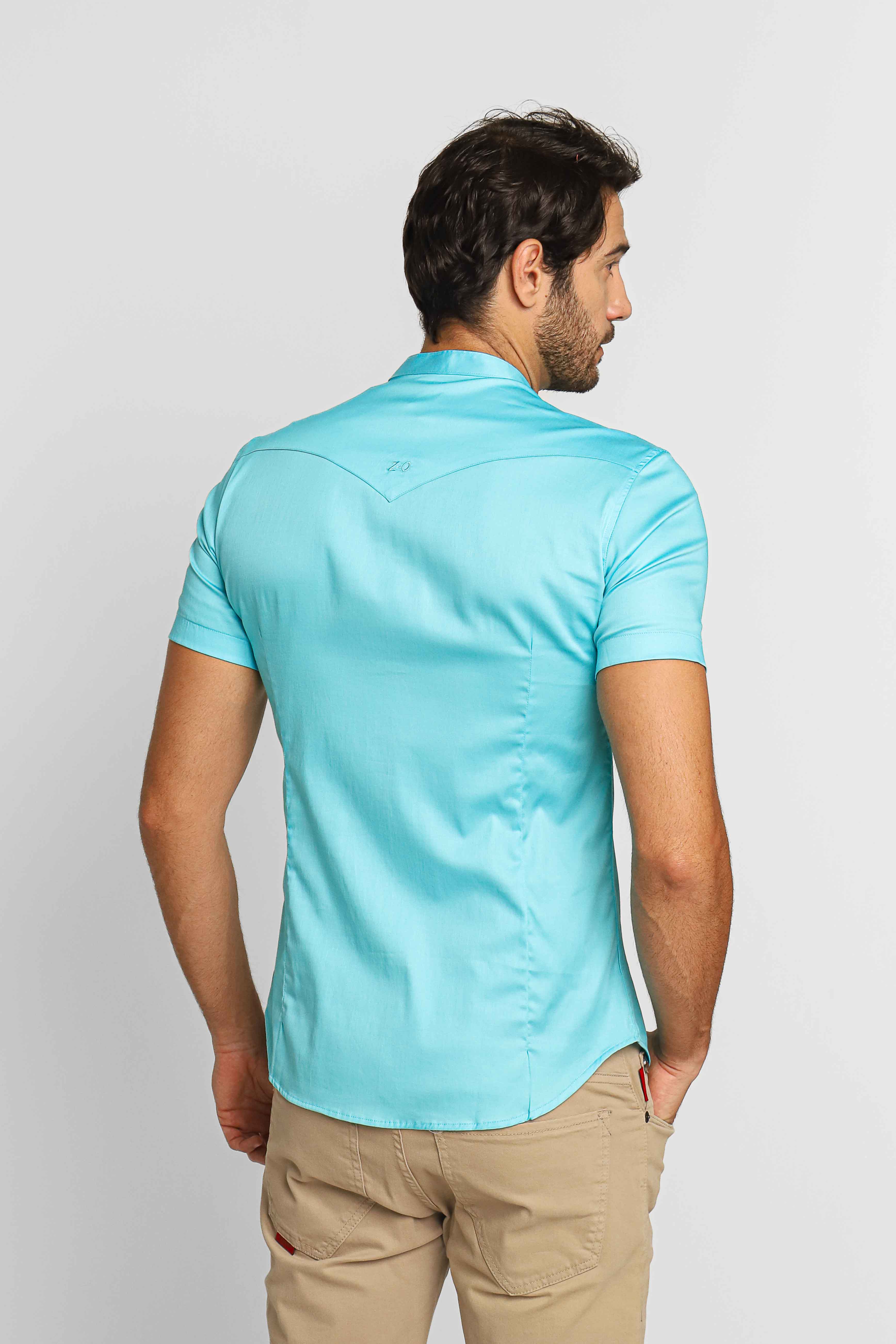 Camisa Zip Off Mc Slim Fit Gola Padre Azul 35559