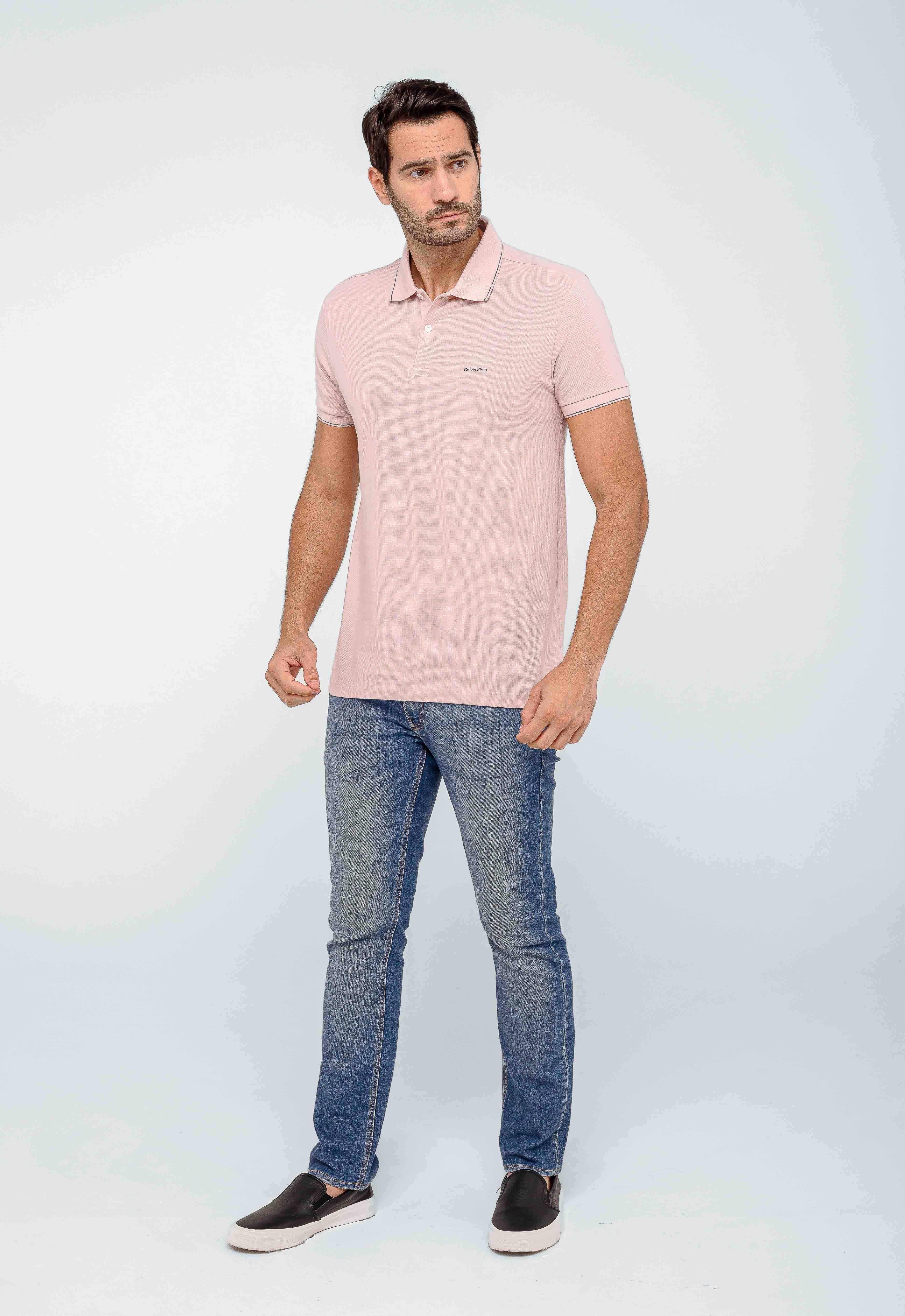 Polo Calvin Klein Rosa Claro Slim C/ Friso