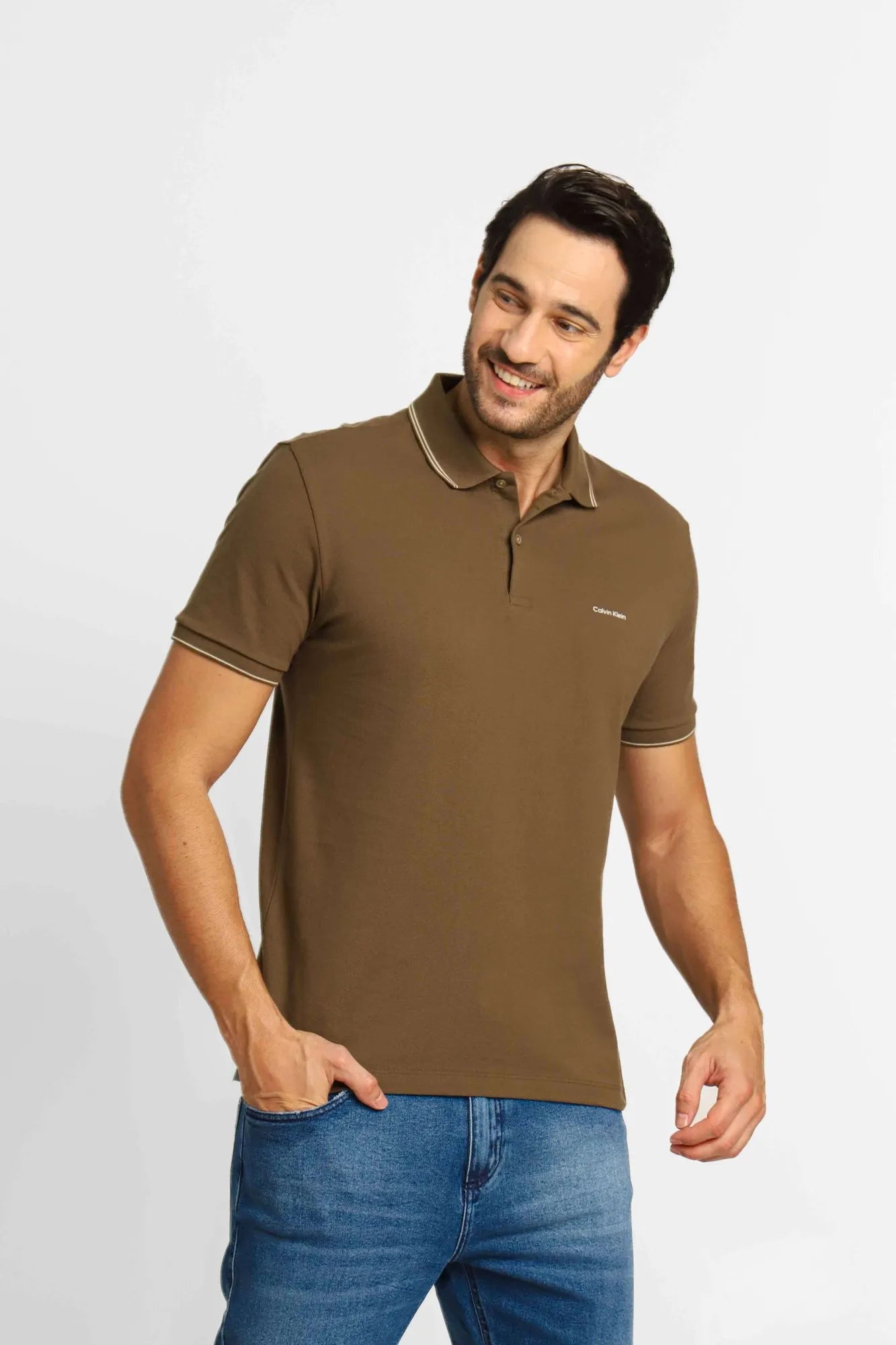 Polo Masculina Regular Fit Calvin Klein com Friso Verde Militar