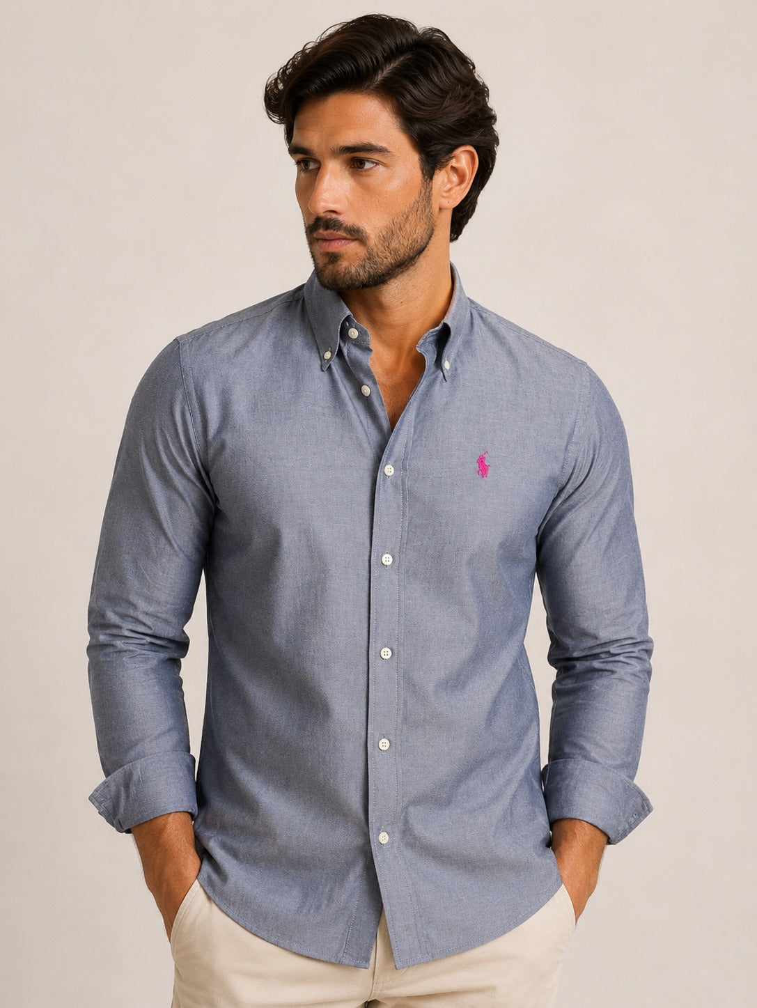 Camisa RL Ml Slim Fit Cinza / Small Poney Rosa