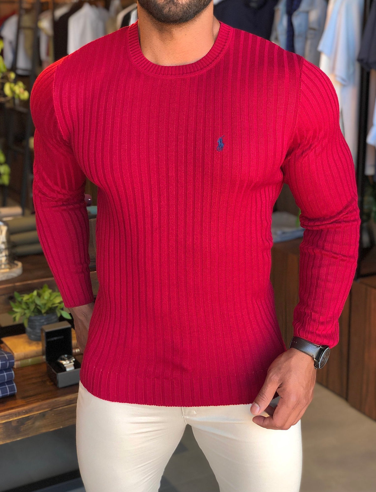Suéter RL Vermelho Carmim C/ Poney Marinho