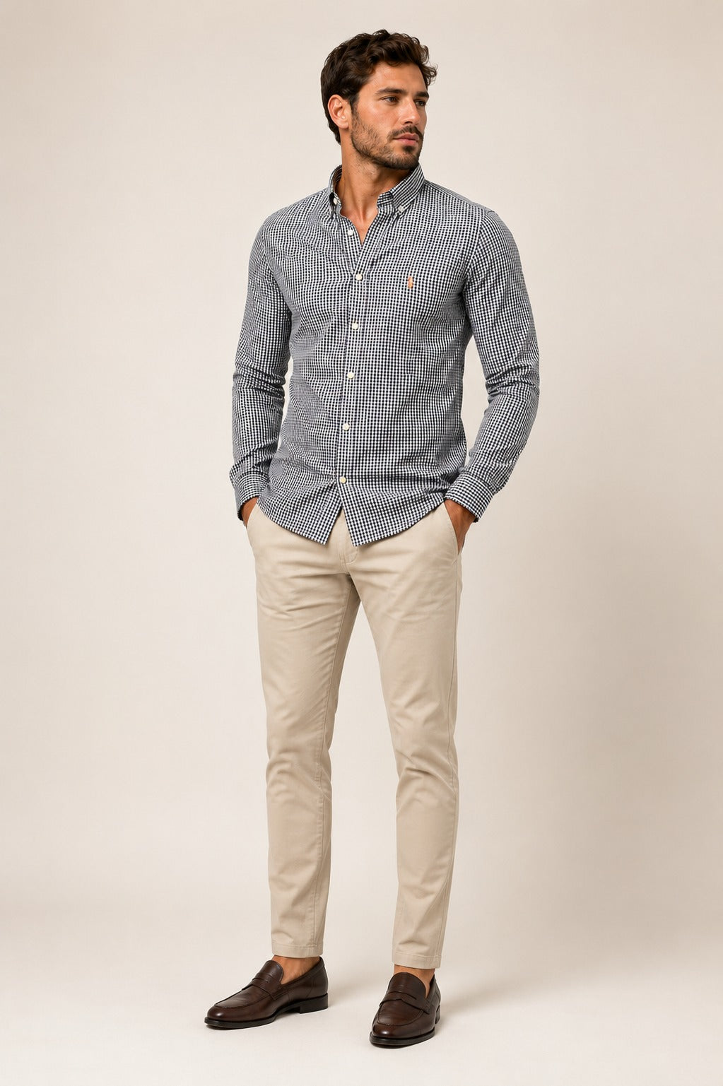 Camisa RL Ml Xadrez Bege/Preto Poney Colorido