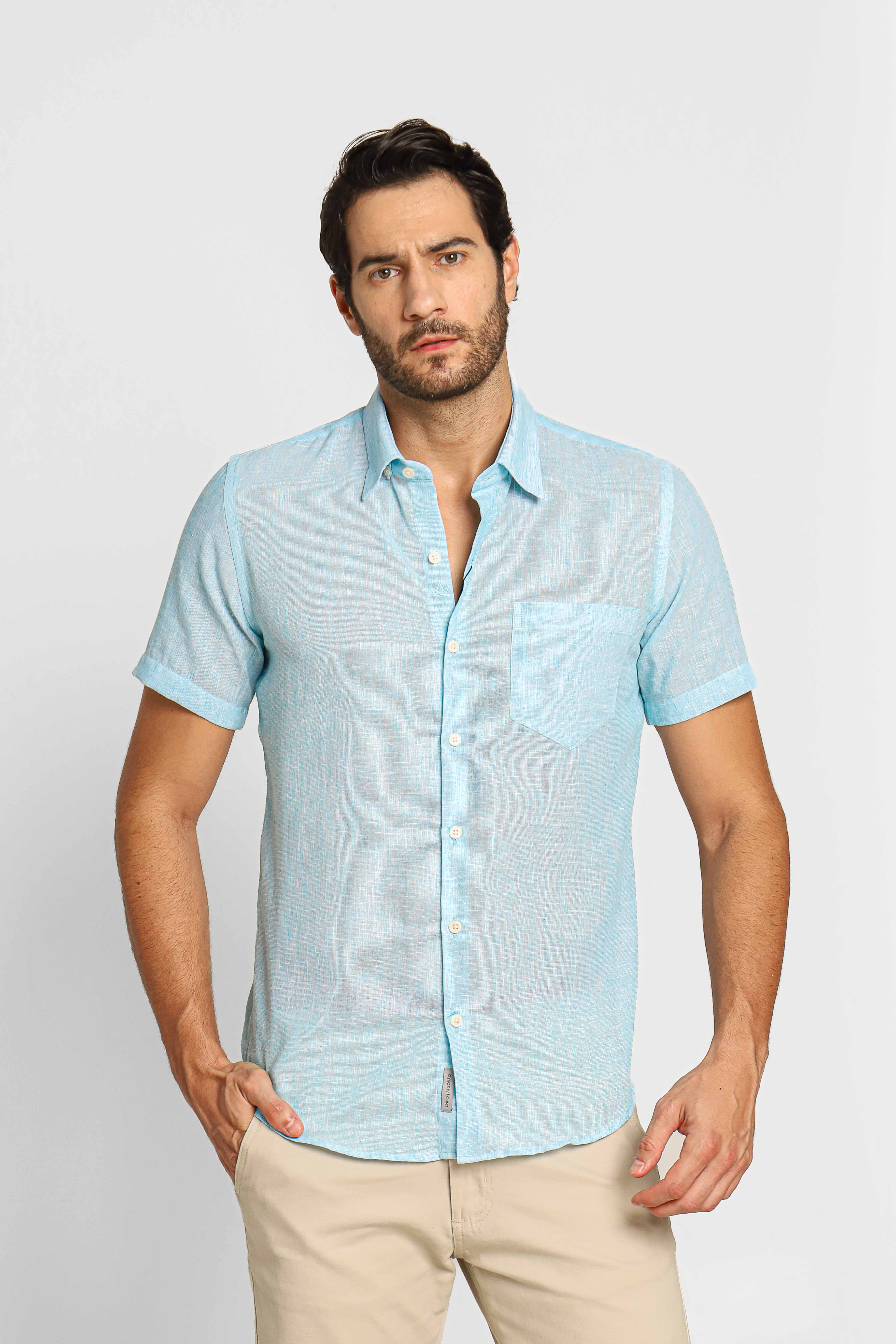 Camisa Dom Henrico Linho mc  Slim Fit c/ Bolso Azul Claro