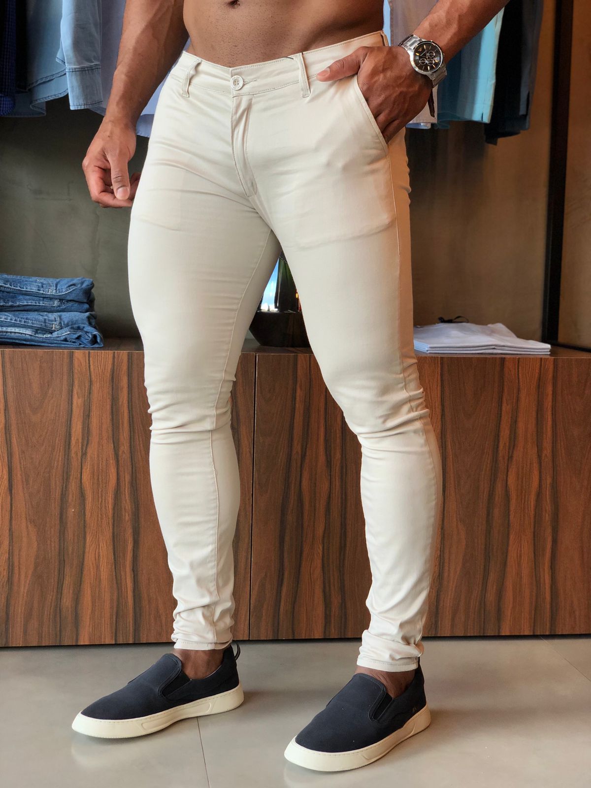 Calça Zip Off Alfaiataria Skinny Sarja Areia