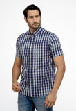 Camisa RL Manga Curta Custom Fit Azul Marcela  Quadriculada Ponei Laranja