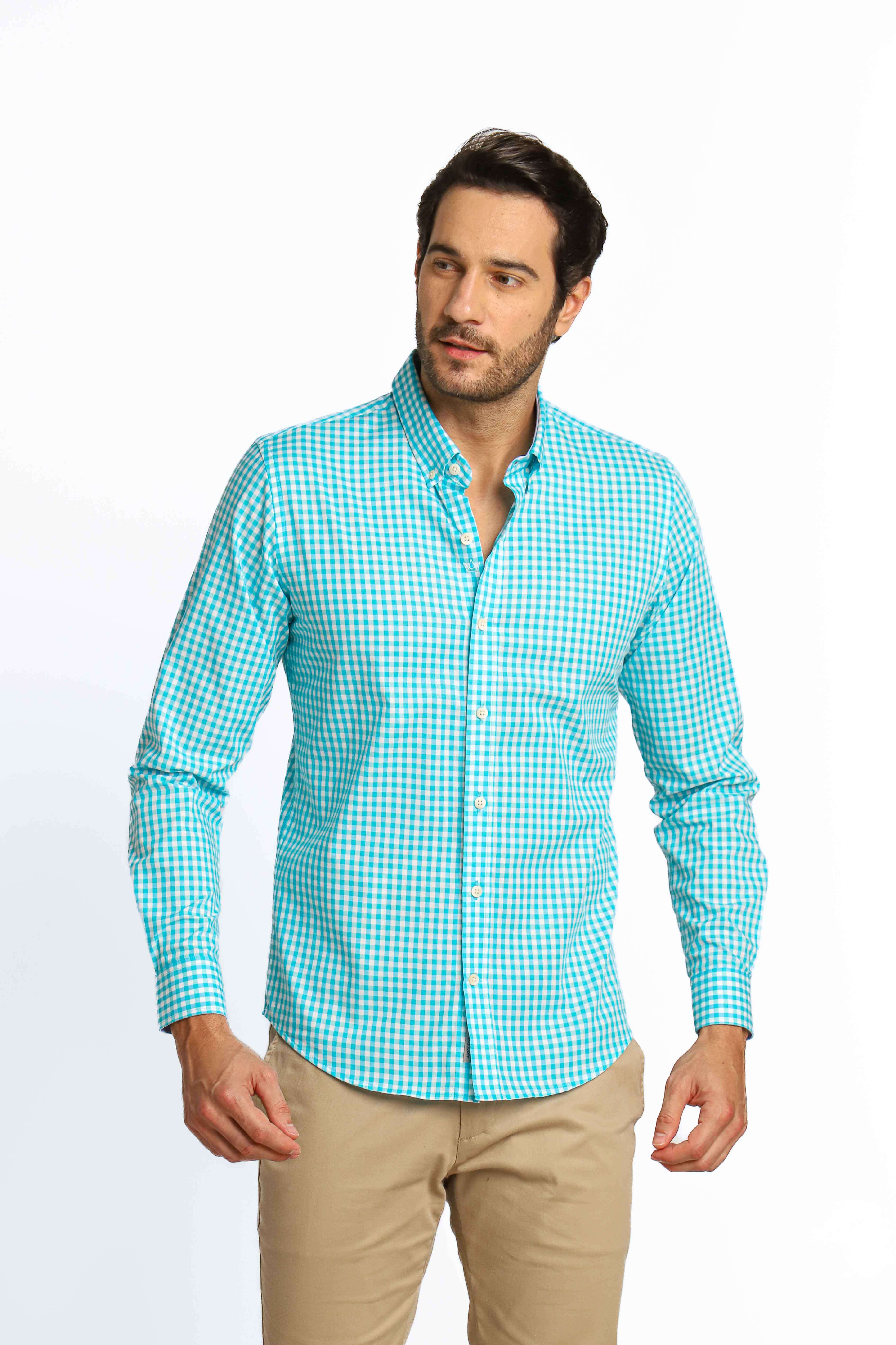 Camisa Dom Henrico ml Napoli Slim Fit Xadrez Azul Turquesa