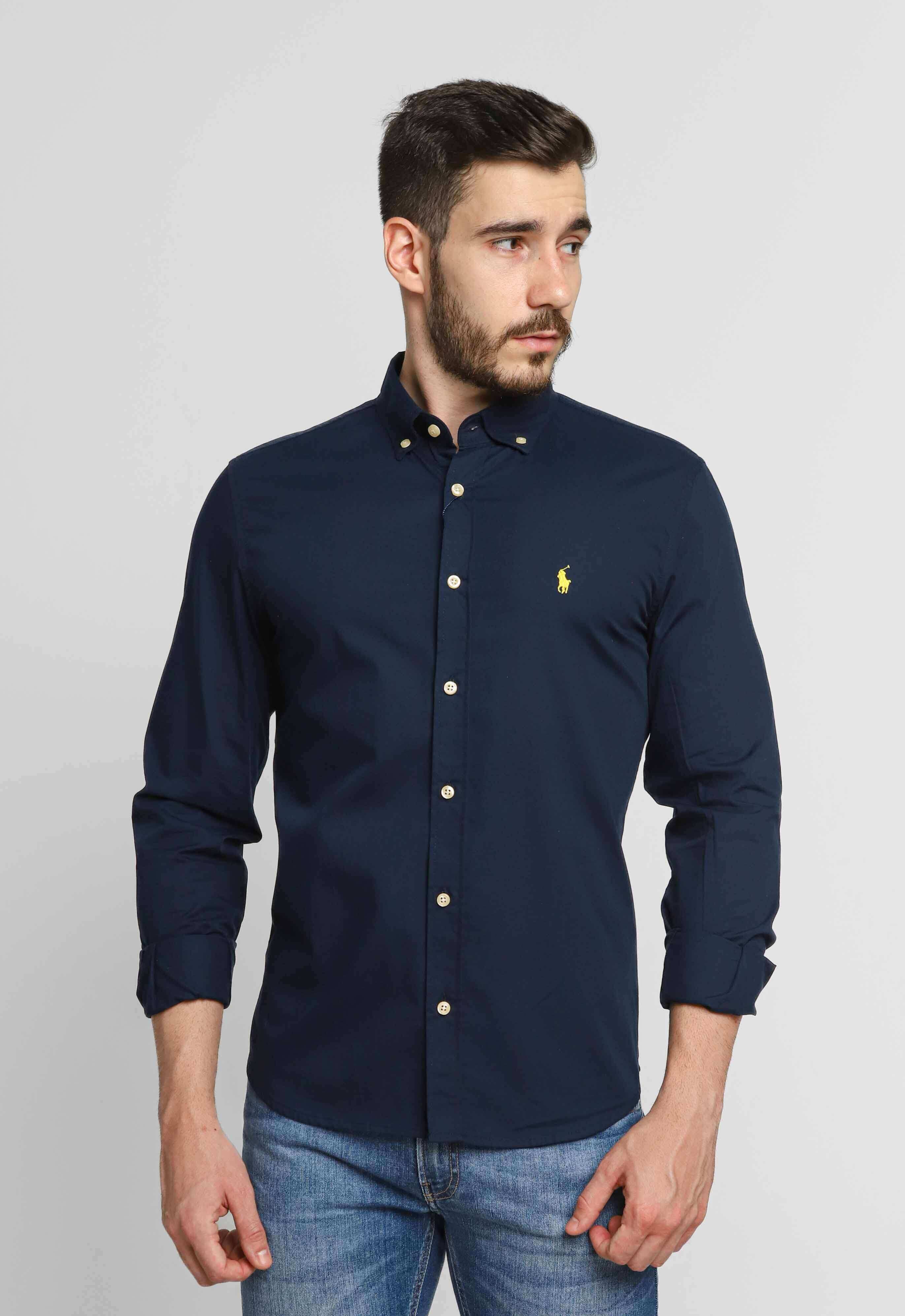 Camisa RL Custom Fit Ml Azul / Small Poney Amarelo
