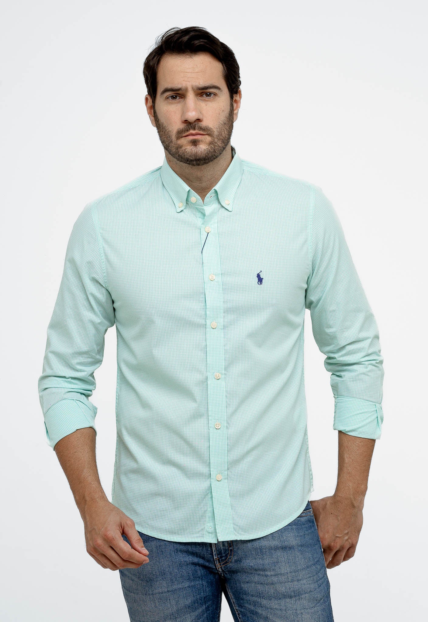 Camisa RL Manga Longa Custom Fit Verde Xadrez Ponei Marinho