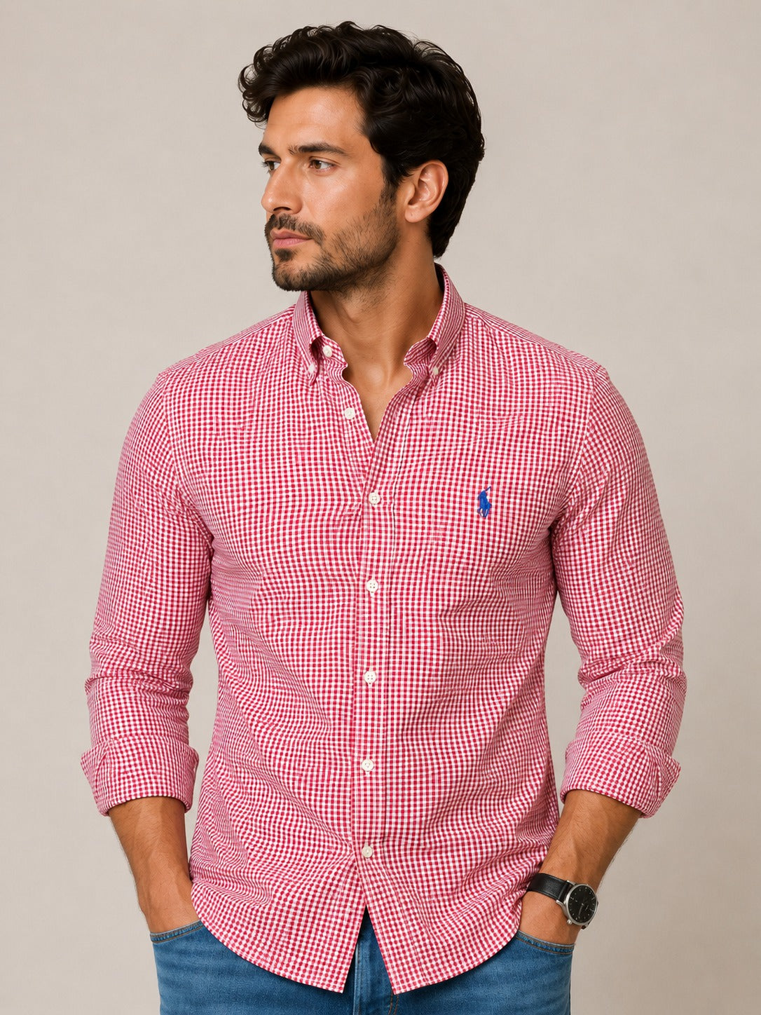 Camisa RL Manga Longa Vermelha Xadrez Com Poney Azul