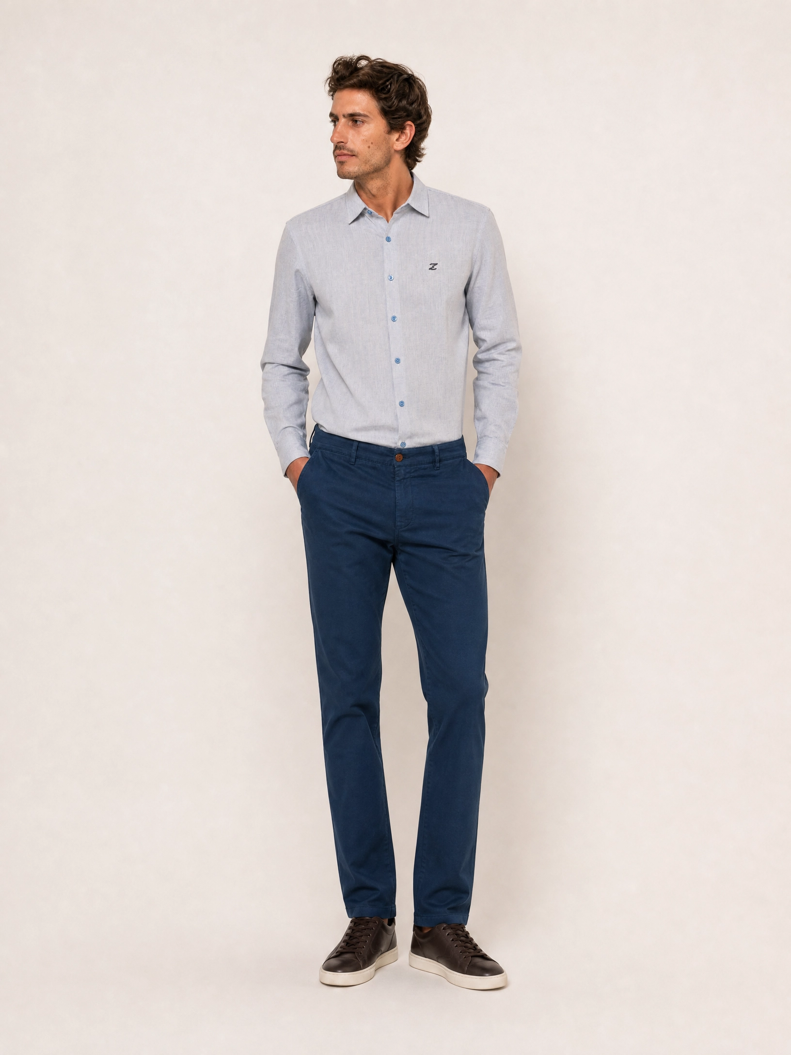 Camisa Zip Off Ml Relaxed Fit Azul Com Pingo Branco