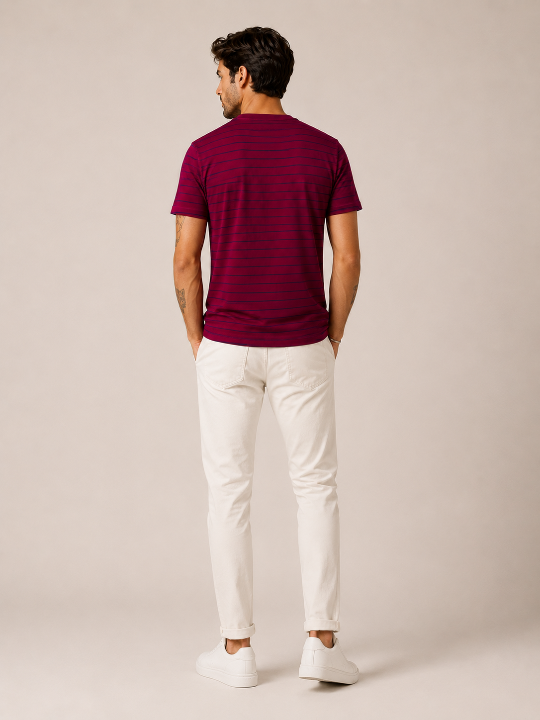 Camiseta Lacoste Gola V Listrada Vinho C/ Marinho - LIVE