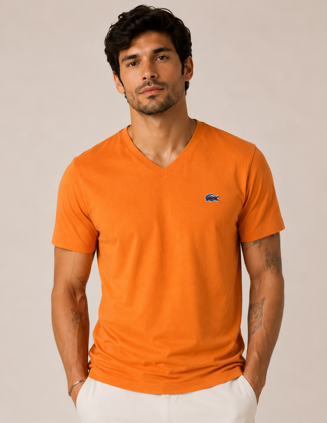 Camiseta Lacoste Regular Fit Laranja Basica Gola V - LIVE