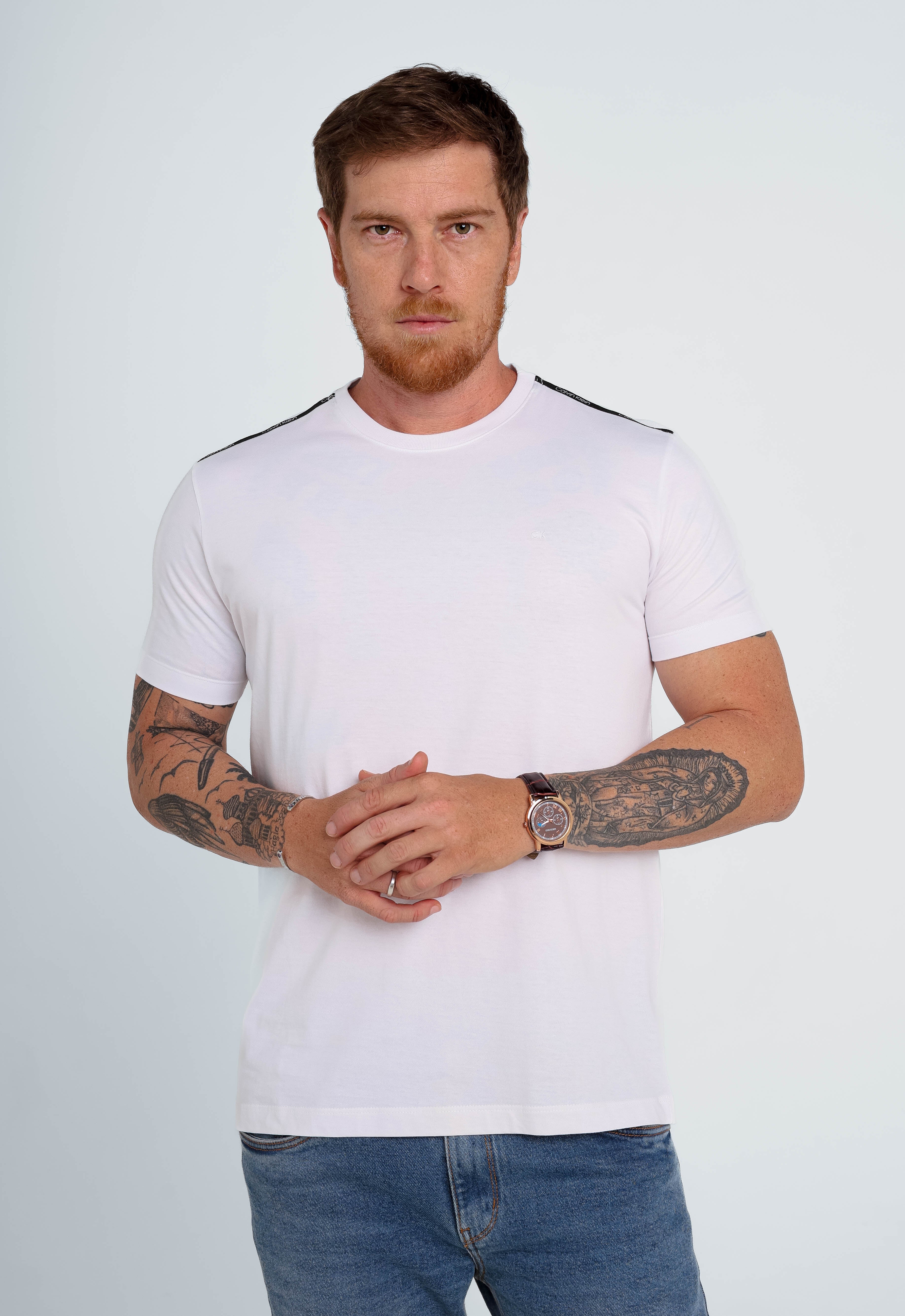 Camiseta Calvin Klein Logo Ombros Branco