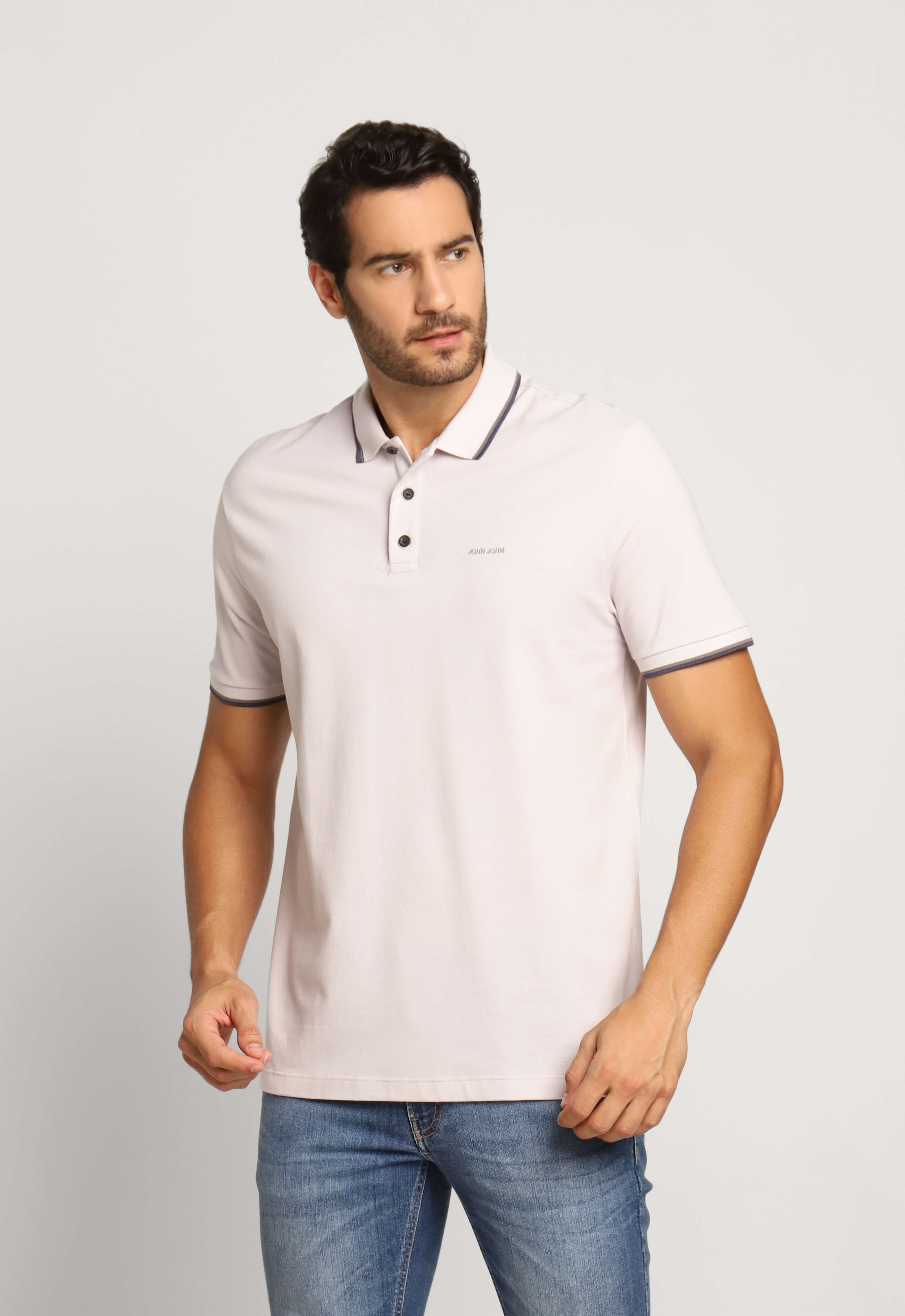 Polo Masculina Regular John John 2 Lines Cinza Claro
