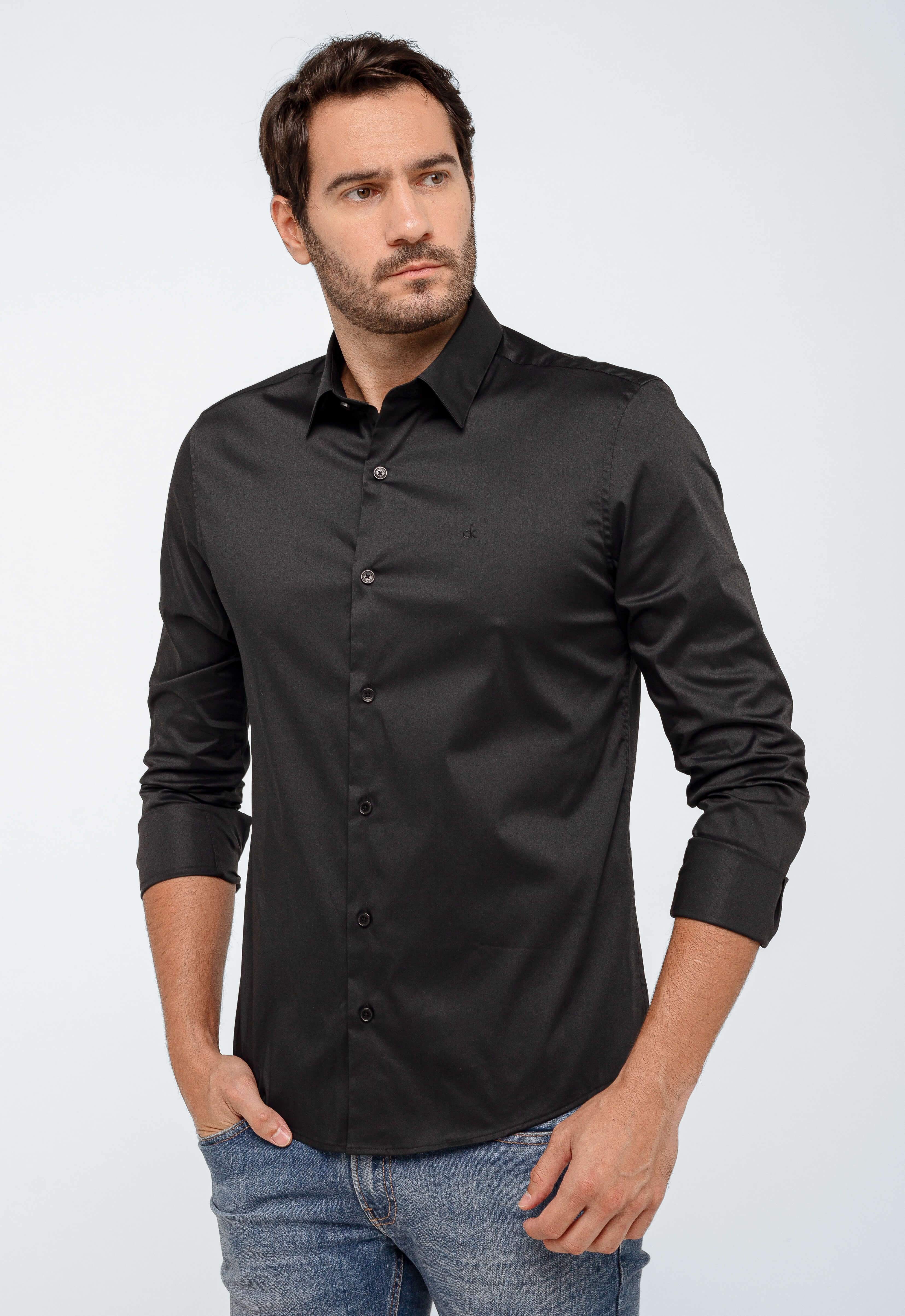 Camisa Calvin Klein ml Slim Fit Poliamida Preto