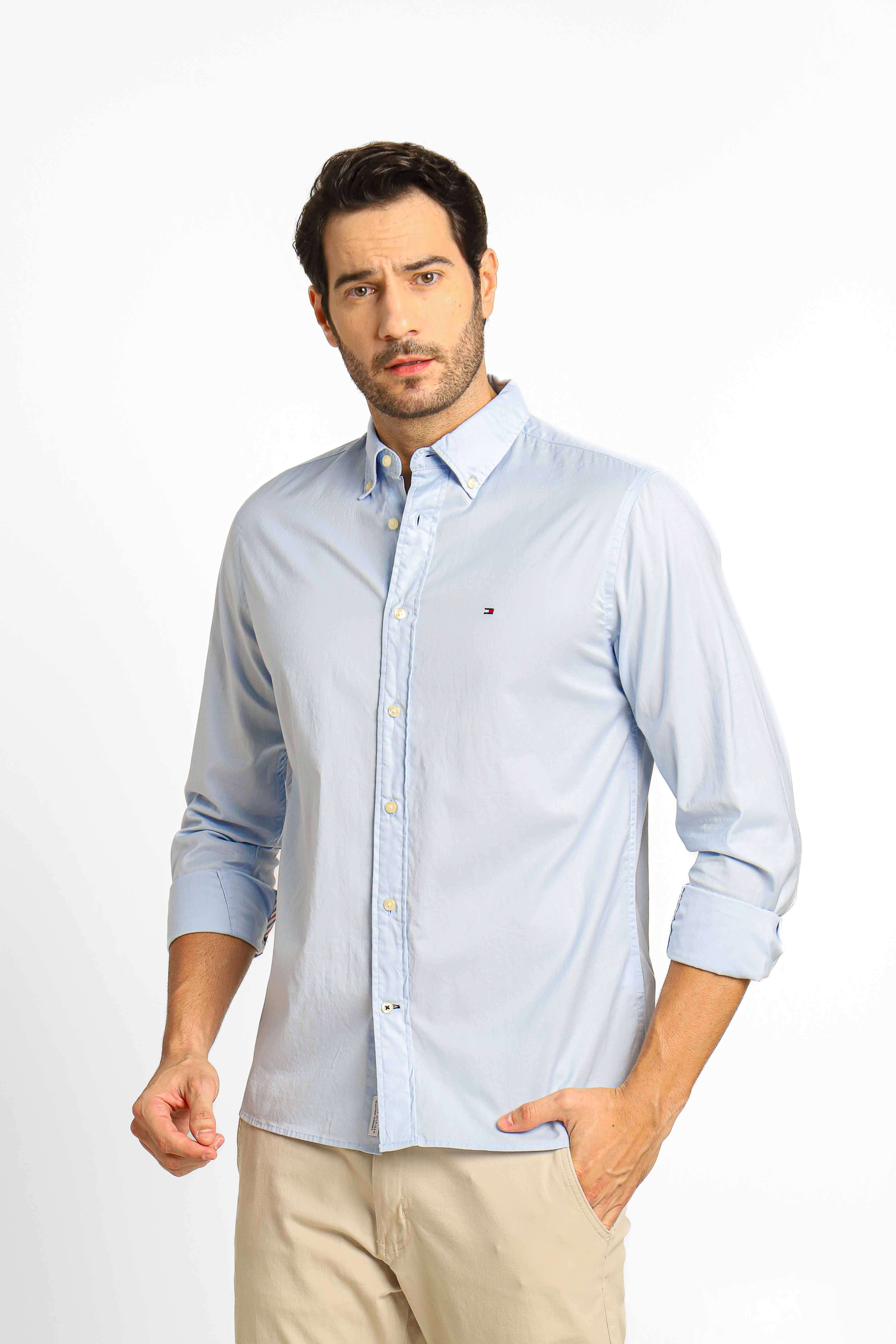 Camisa Tommy Hilfiger ml Regular Fit Flex Poplin Azul