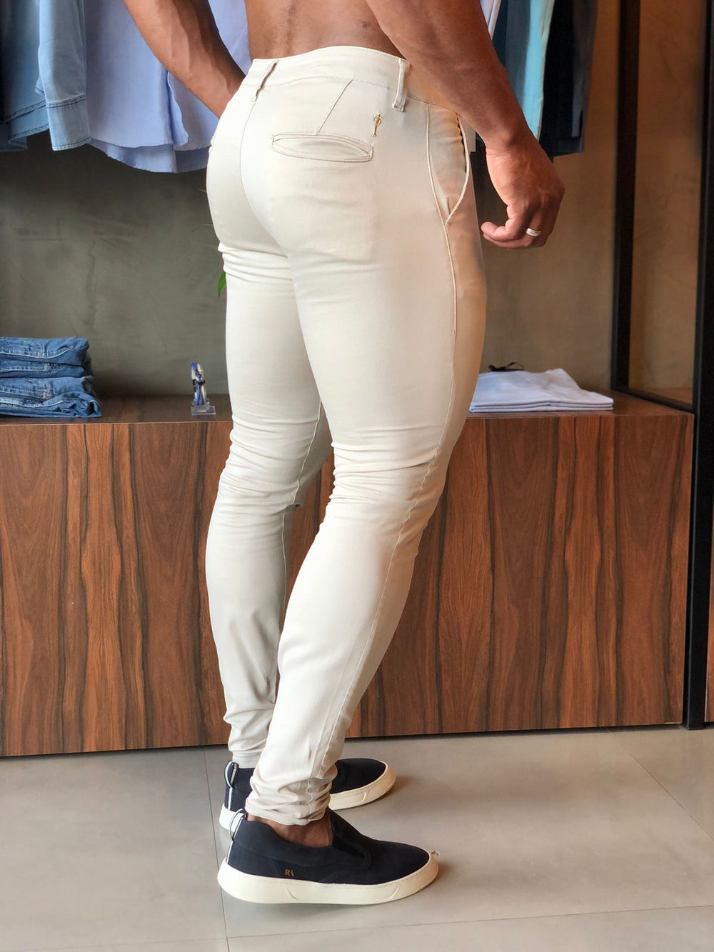 Calça Zip Off Alfaiataria Skinny Sarja Areia - Henri Store