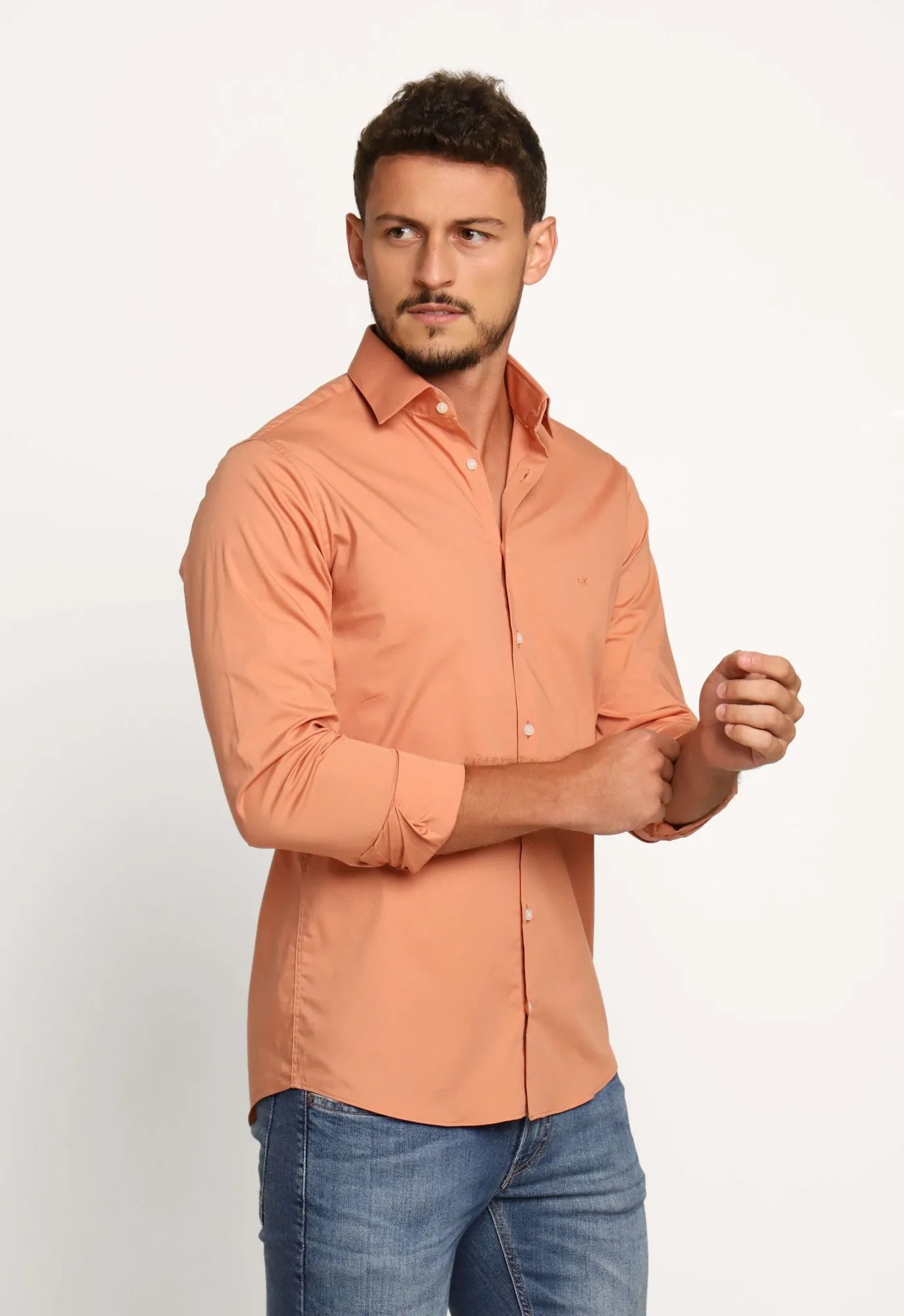 Camisa Calvin Klein Ml Slim Fit Bordado Peito Laranja Coral - Henri Store
