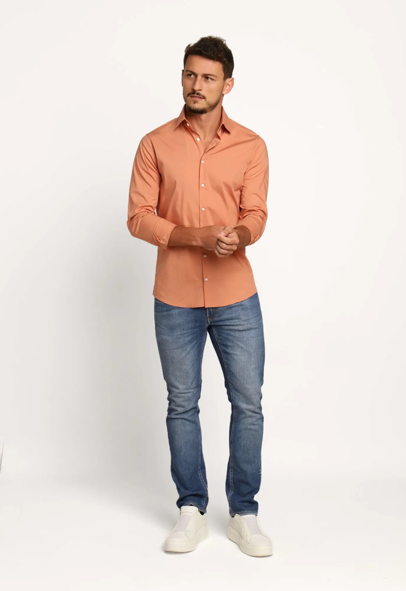 Camisa Calvin Klein Ml Slim Fit Bordado Peito Laranja Coral - Henri Store