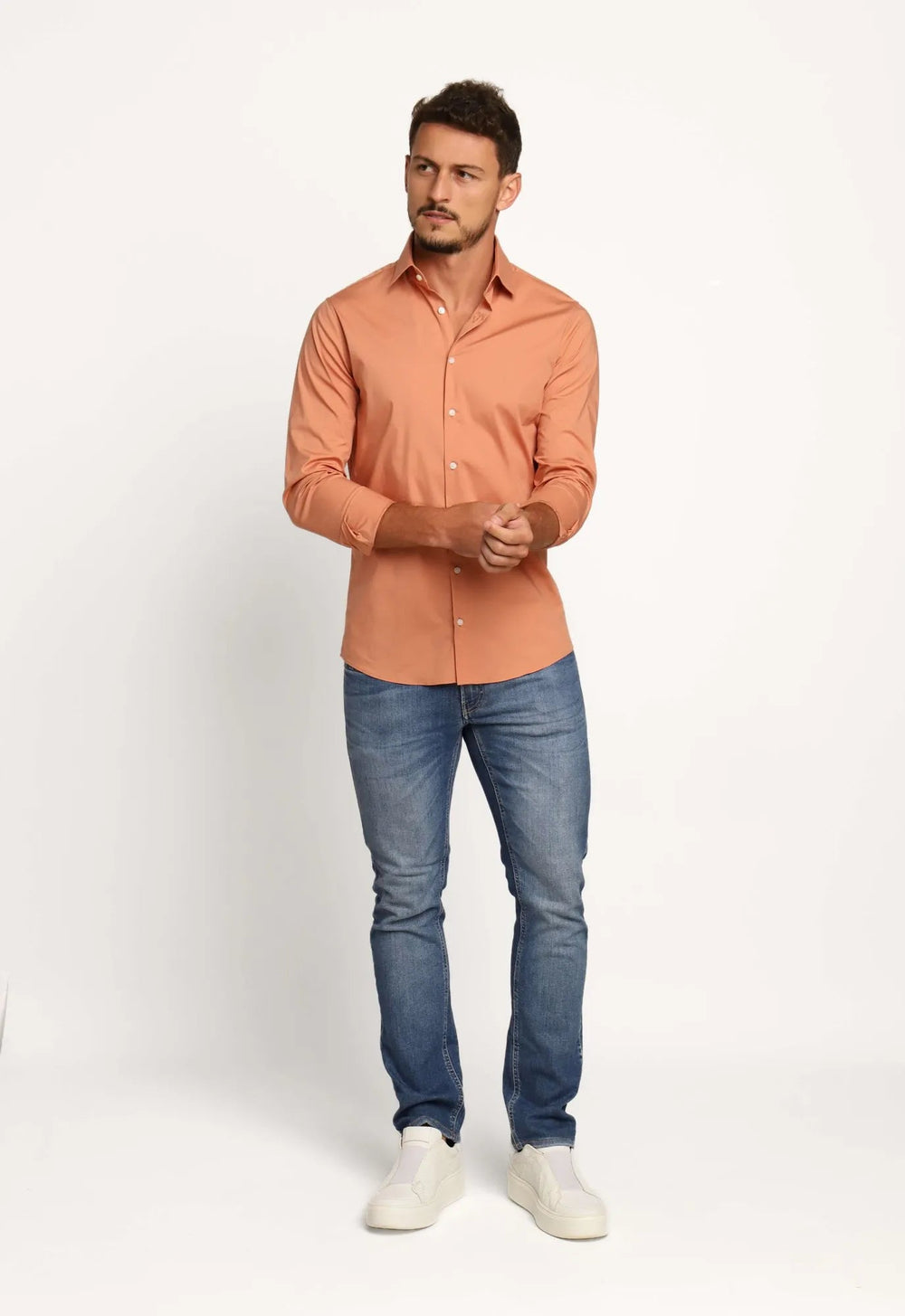 Camisa Calvin Klein Ml Slim Fit Bordado Peito Laranja Coral - Henri Store