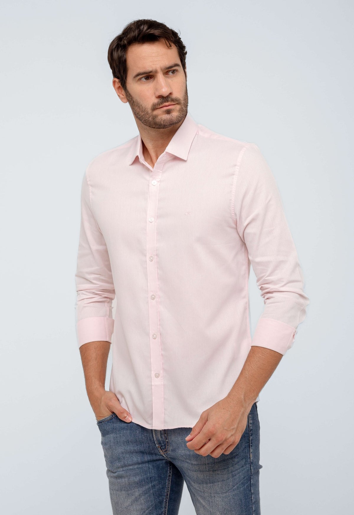 Camisa Calvin Klein Ml Slim Maquineta Rosa Claro - Henri Store