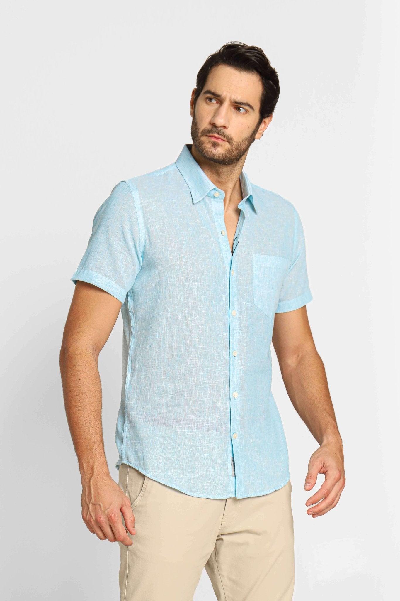 Camisa Dom Henrico Linho mc Slim Fit c/ Bolso Azul Claro - Henri Store