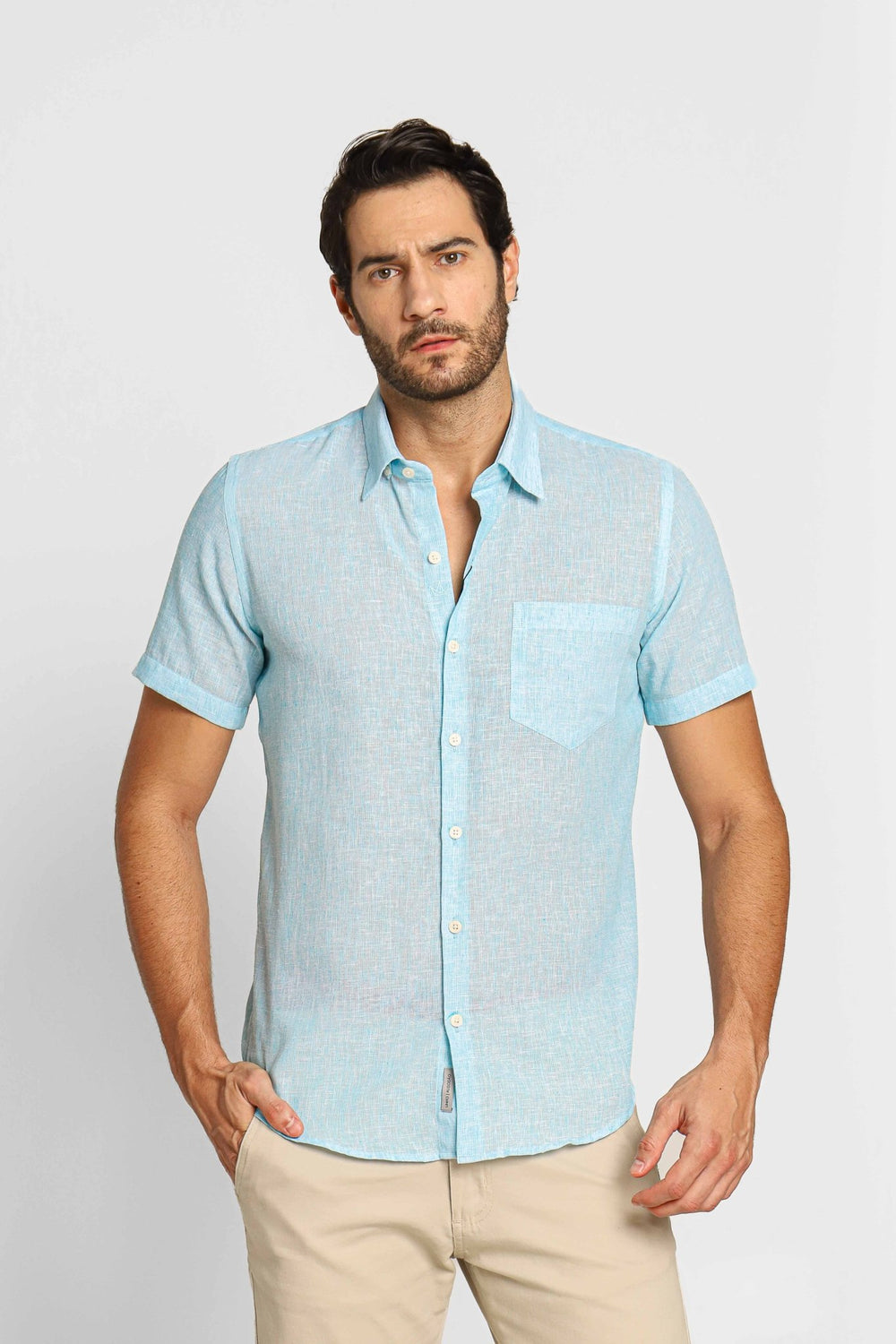 Camisa Dom Henrico Linho mc Slim Fit c/ Bolso Azul Claro - Henri Store