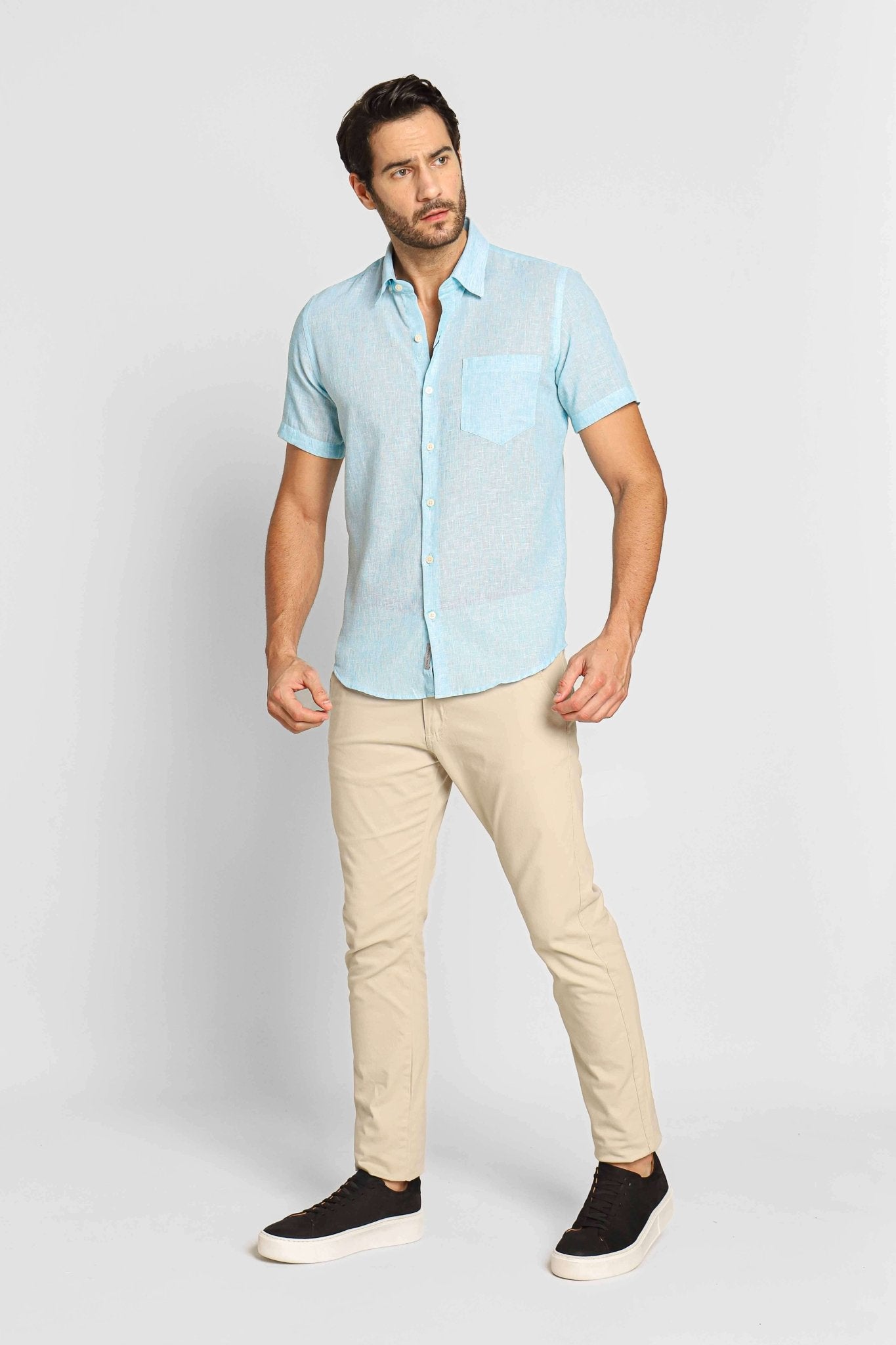 Camisa Dom Henrico Linho mc Slim Fit c/ Bolso Azul Claro - Henri Store