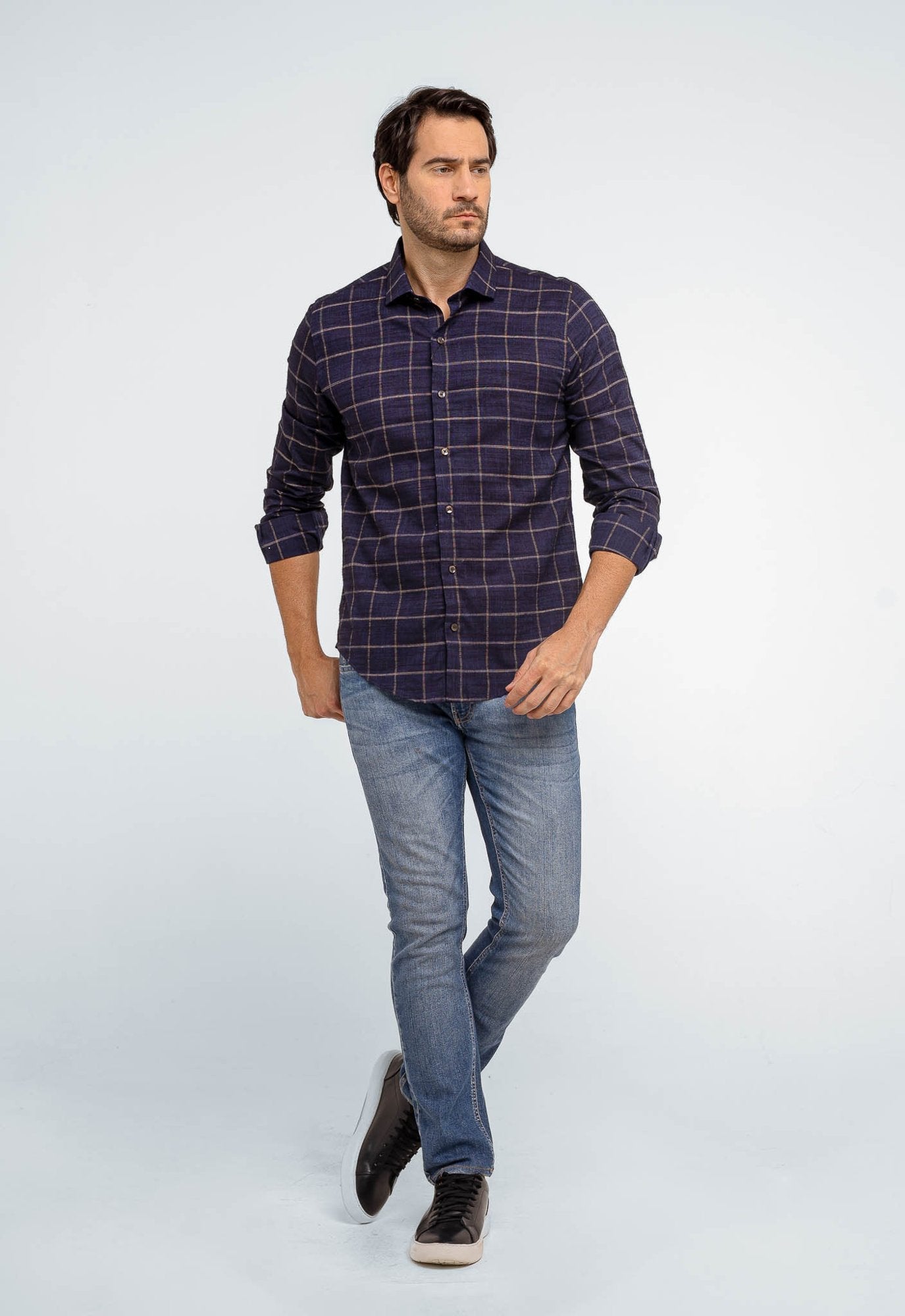 Camisa Dom Henrico Masculina Azul Marinho Xadrez Slim Fit Manga Longa Casual - Henri Store