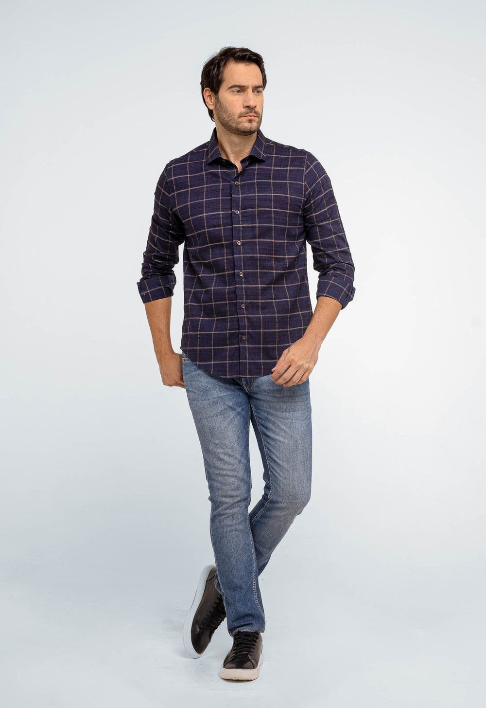Camisa Dom Henrico Masculina Azul Marinho Xadrez Slim Fit Manga Longa Casual - Henri Store