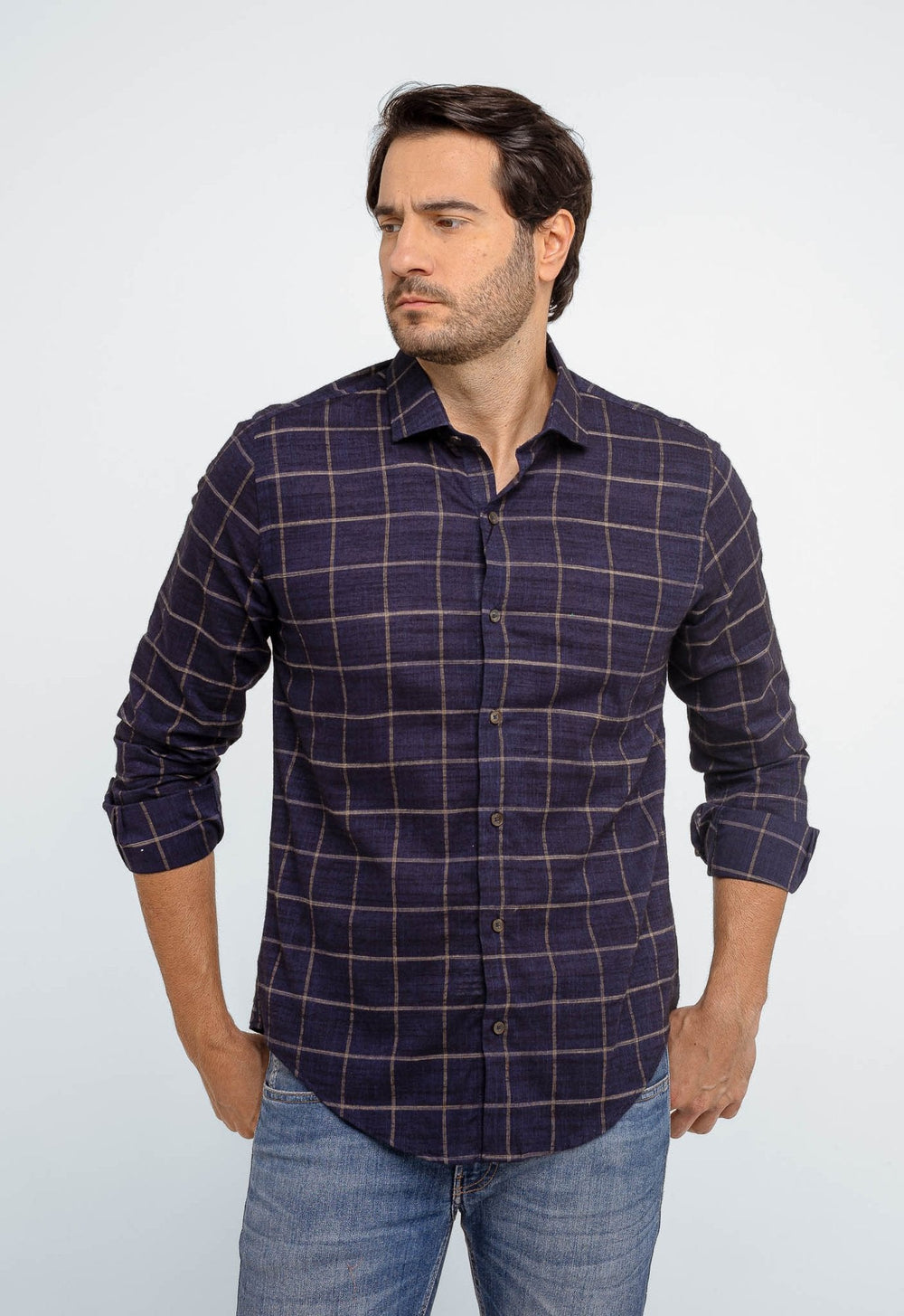 Camisa Dom Henrico Masculina Azul Marinho Xadrez Slim Fit Manga Longa Casual - Henri Store