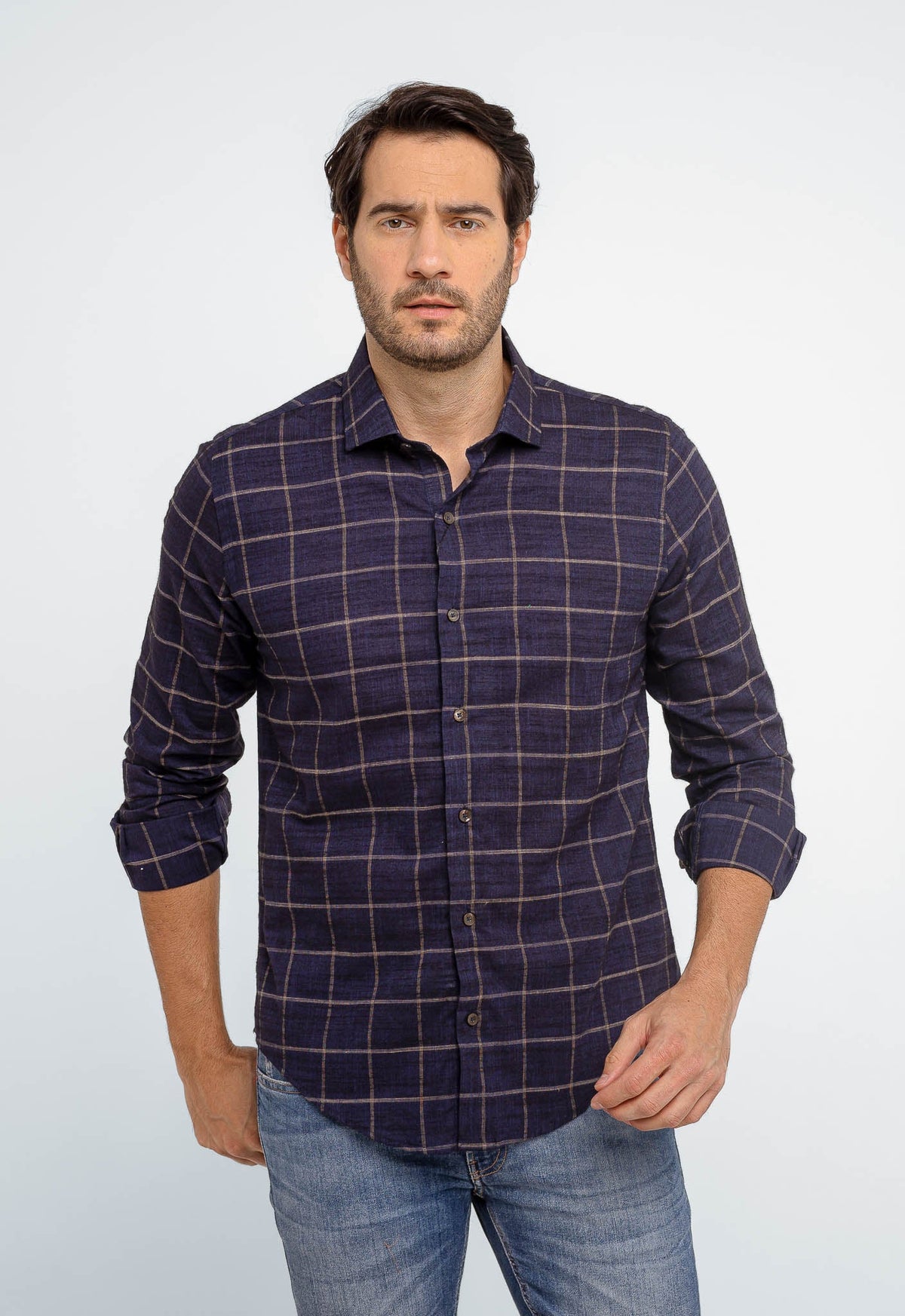 Camisa Dom Henrico Masculina Azul Marinho Xadrez Slim Fit Manga Longa Casual - Henri Store