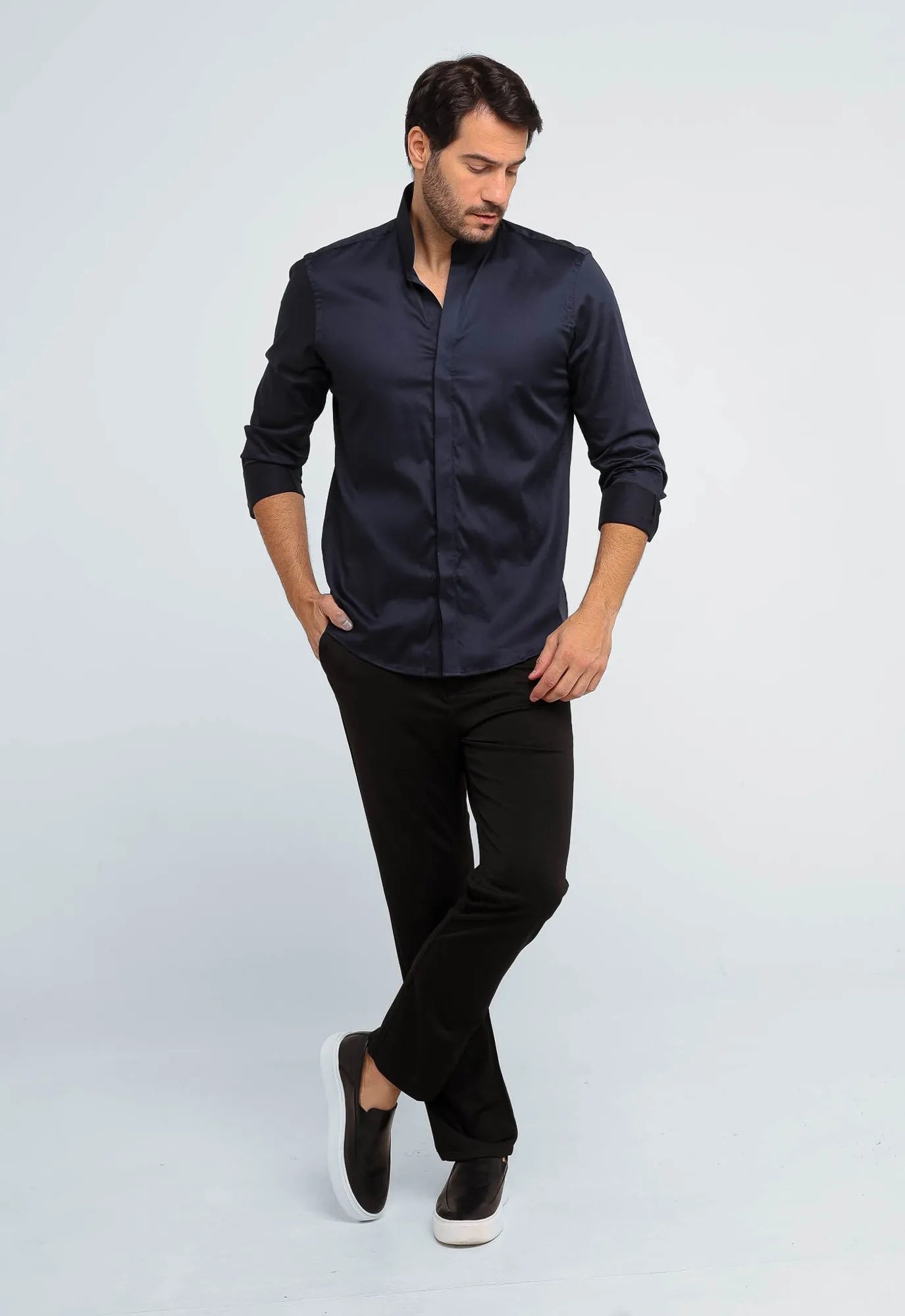 Camisa Dom Henrico Masculina Preta Gola Padre Slim Fit Algodão Egípcio - Henri Store