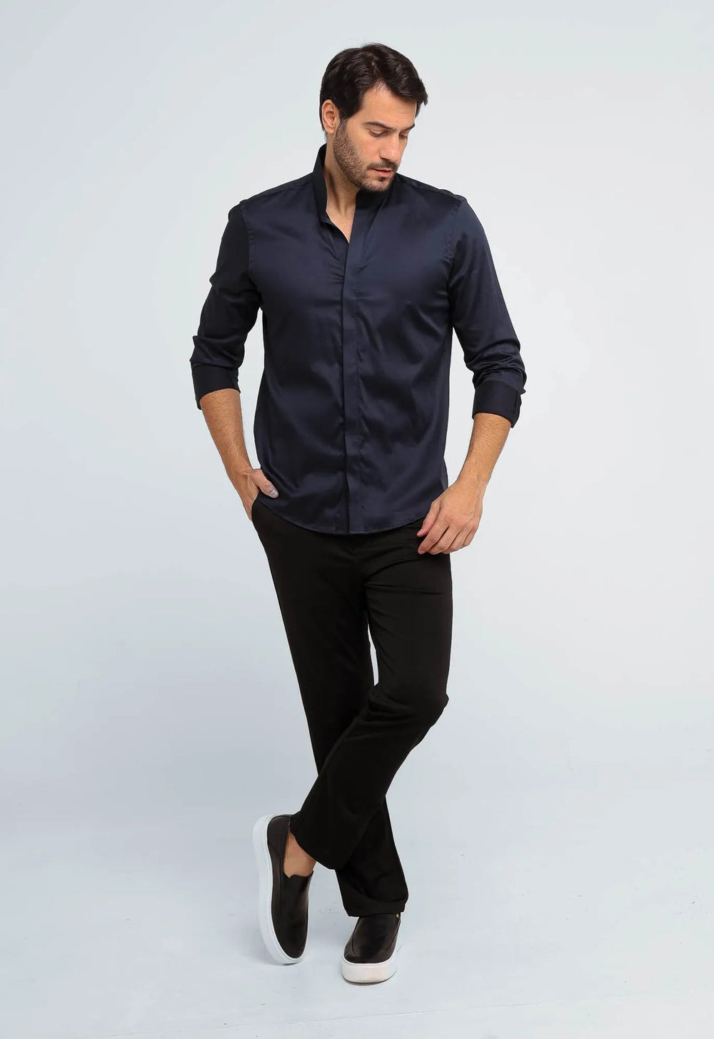 Camisa Dom Henrico Masculina Preta Gola Padre Slim Fit Algodão Egípcio - Henri Store