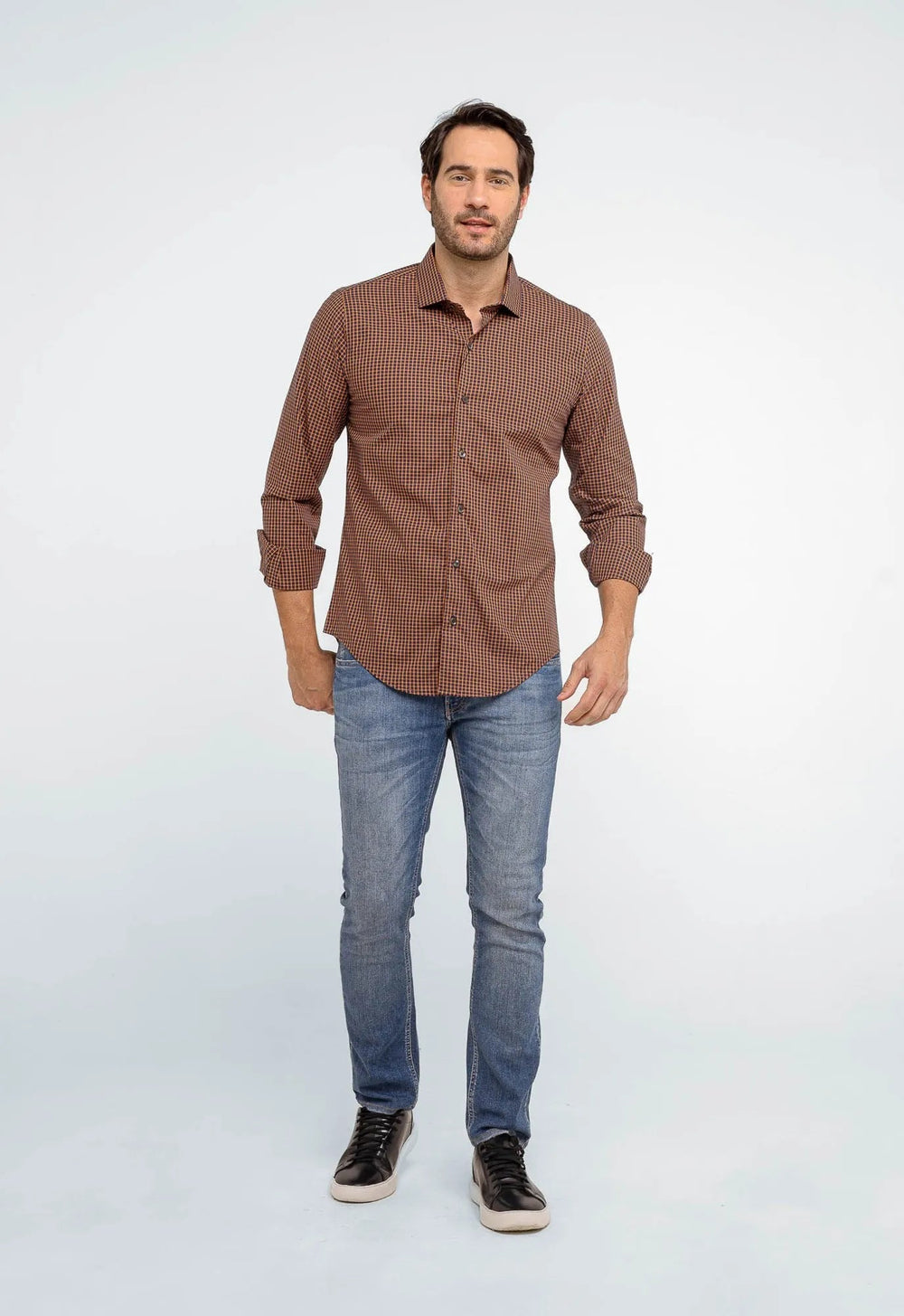 Camisa Dom Henrico Masculina Xadrez Pequeno Laranja Slim Fit Estilo Casual Moderno - Henri Store