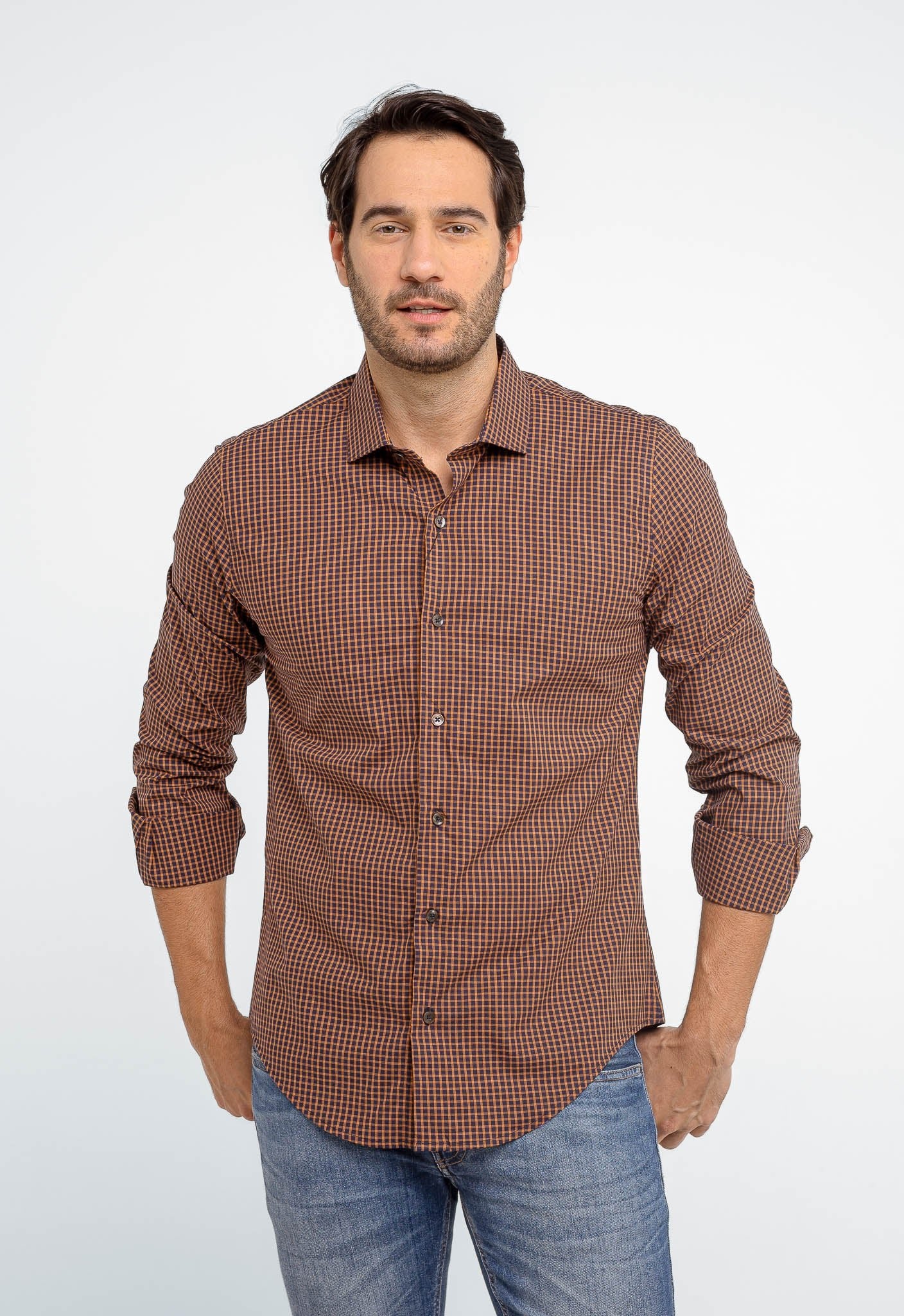 Camisa Dom Henrico Masculina Xadrez Pequeno Laranja Slim Fit Estilo Casual Moderno - Henri Store