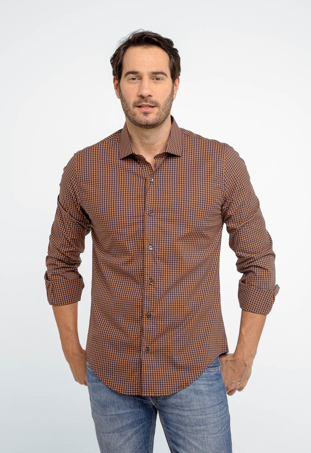 Camisa Dom Henrico Masculina Xadrez Pequeno Laranja Slim Fit Estilo Casual Moderno - Henri Store